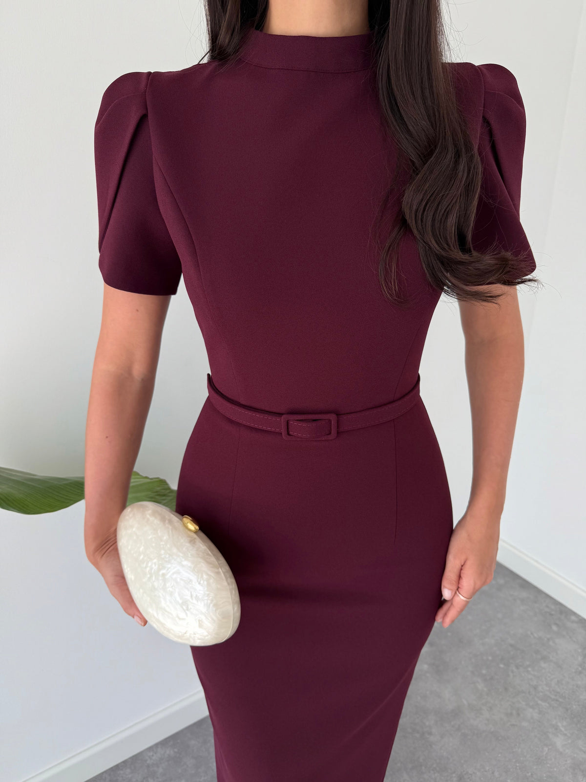 HIGH NECK BELT DETAIL PENCIL DRESS BURGUNDY