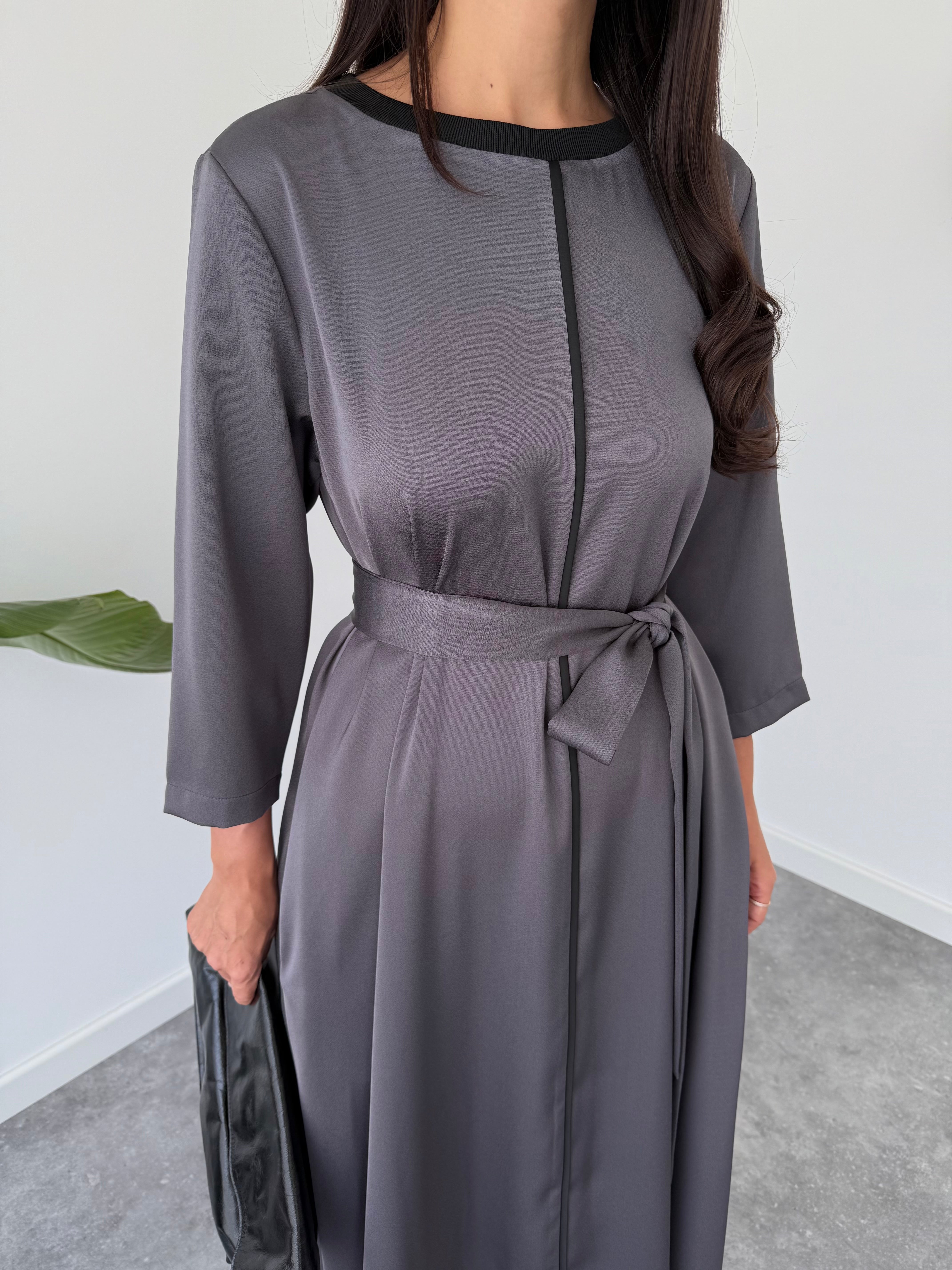 WAIST SASH DETAILED COTTON SATIN DRESS GREY