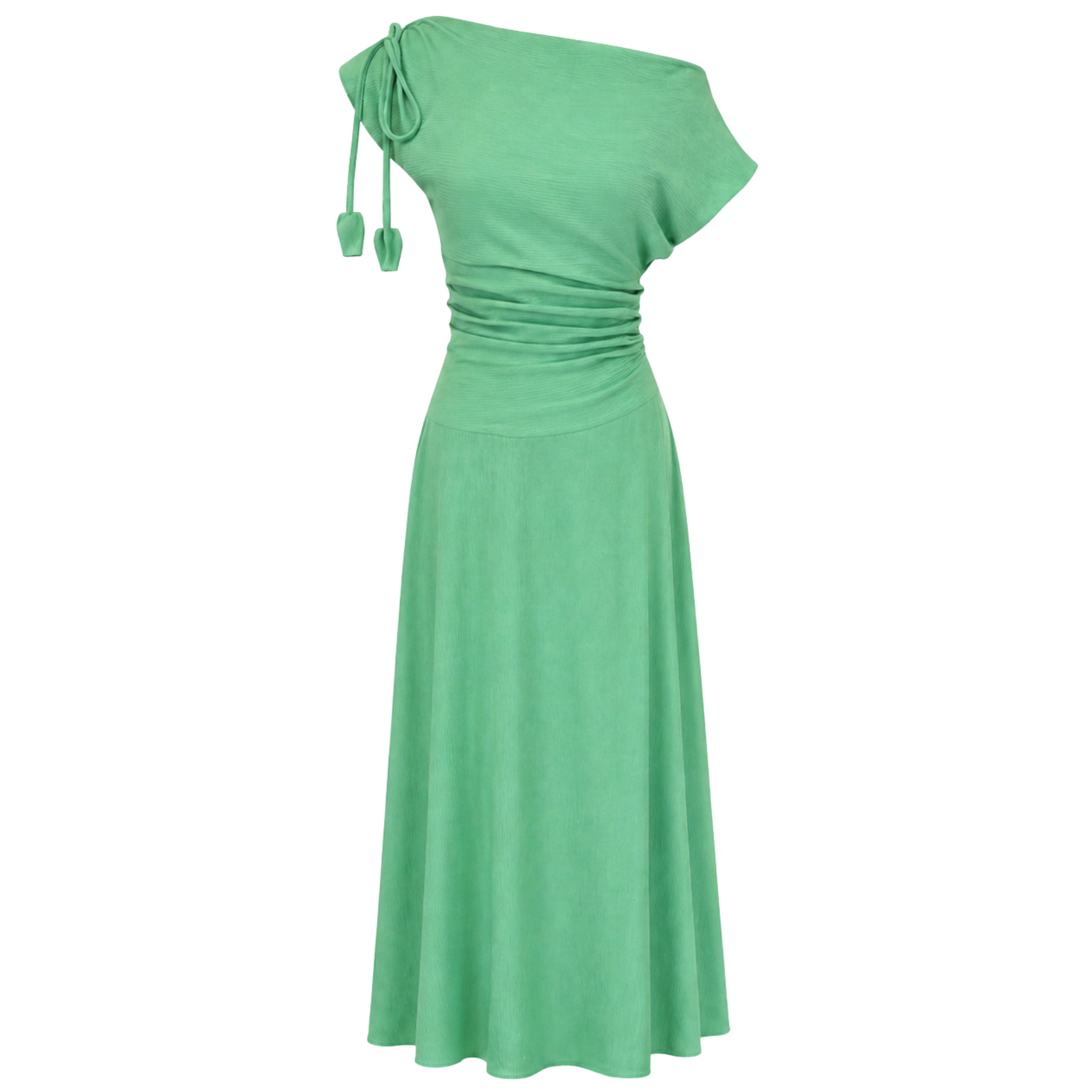 ASYMMETRIC NECKLINE DRAPED WAIST DRESS GREEN