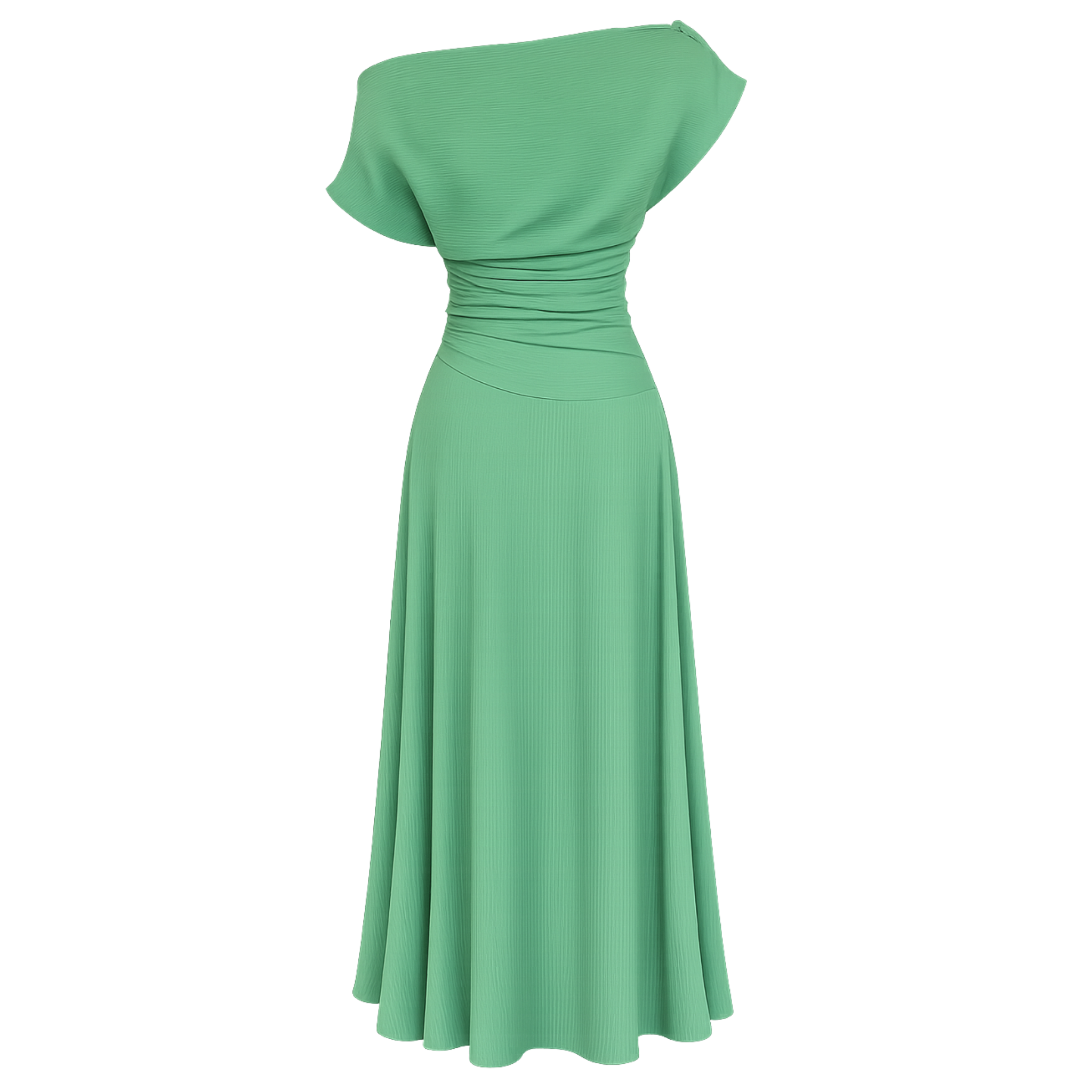 ASYMMETRIC NECKLINE DRAPED WAIST DRESS GREEN