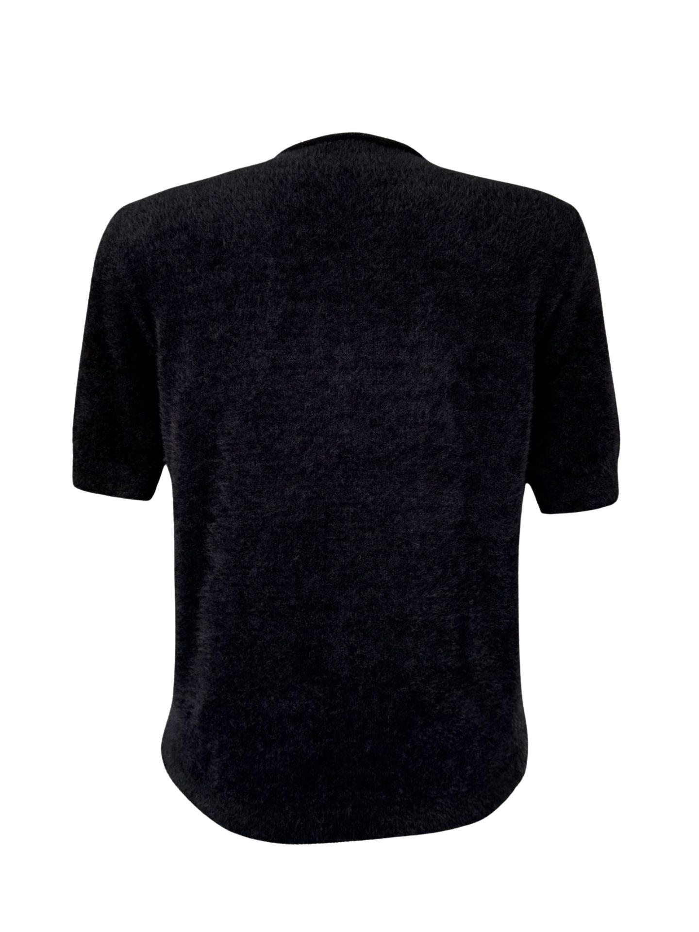 High Neck Short Sleeve Fluffy Knit Black - One Size