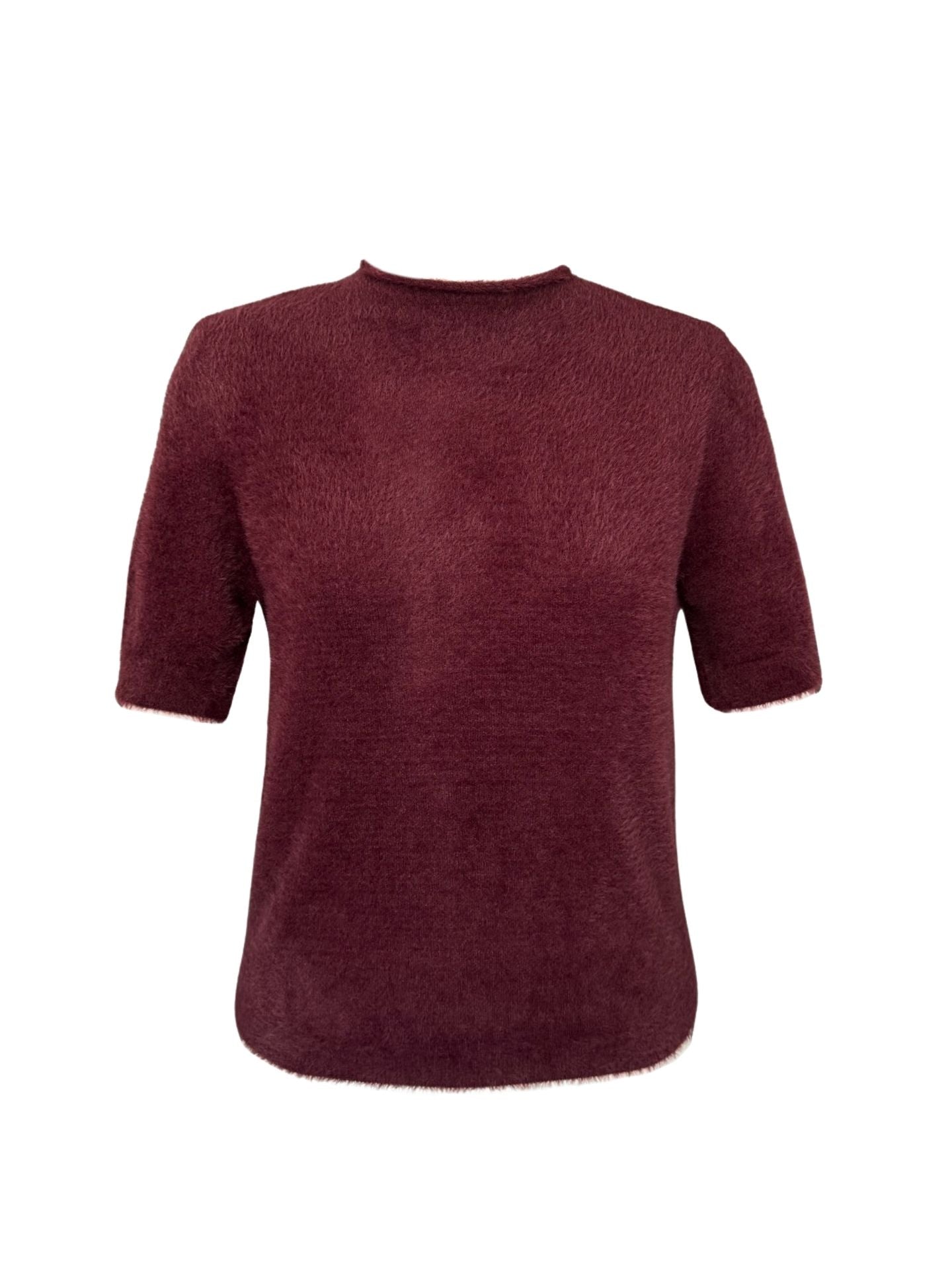 High Neck Short Sleeve Fluffy Knit Burgundy - One Size