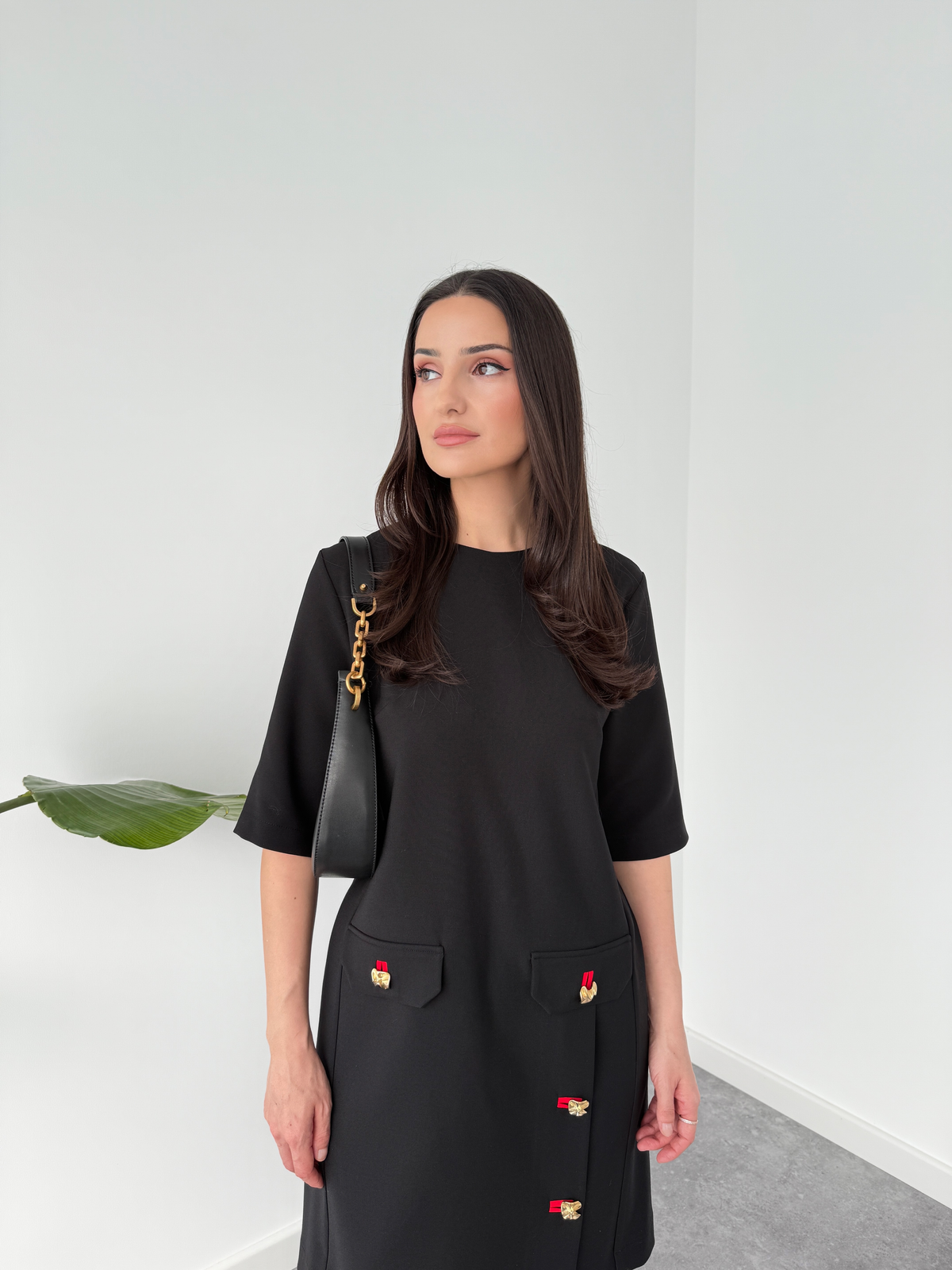 GOLD BUTTON DETAILED DRESS