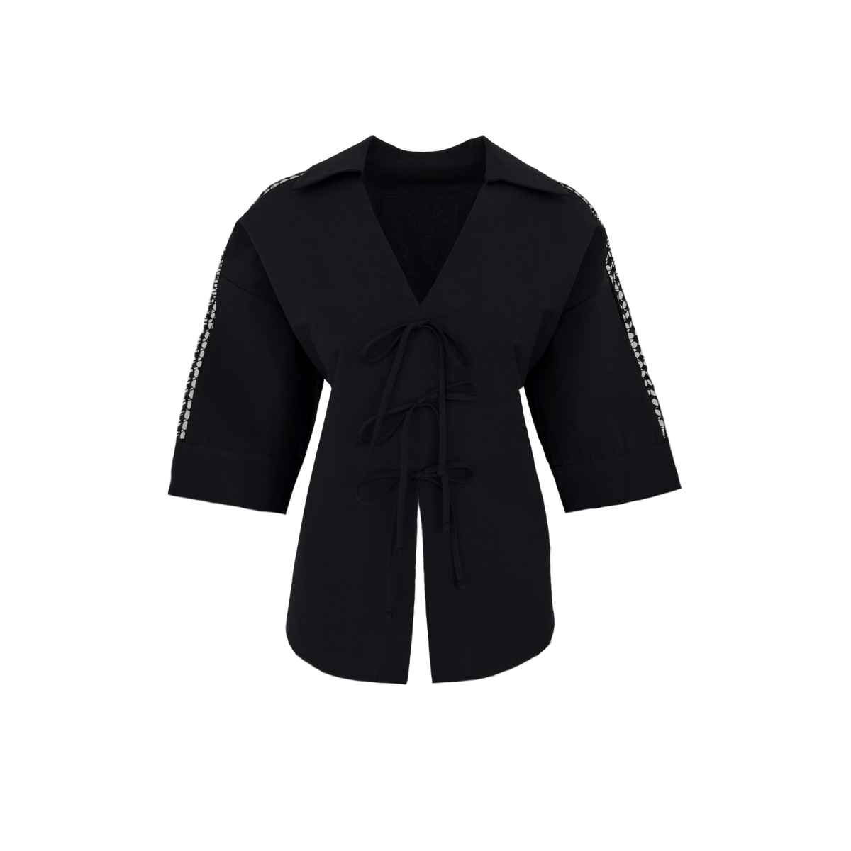 AT THE WAIST TIE-FASTENING GUIPURE DETAIL BLOUSE BLACK