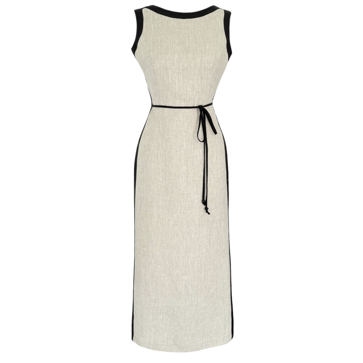 CONTRAST BAND DETAILED 100% LINEN DRESS