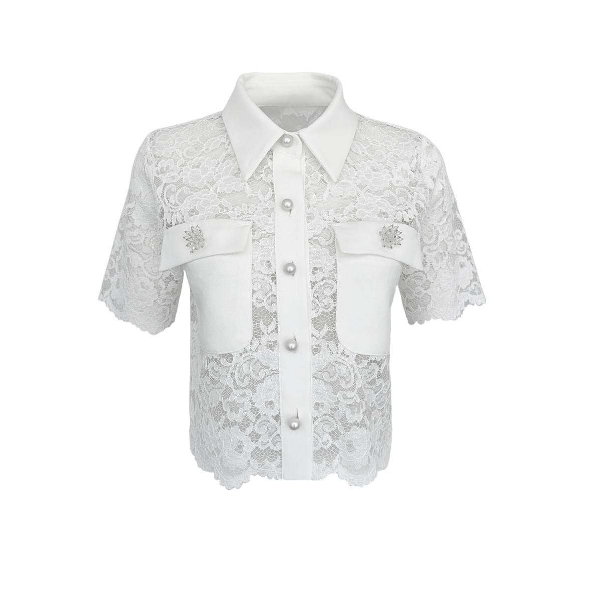 PEARL BUTTON-DETAILED GUIPURE SHIRT ECRU