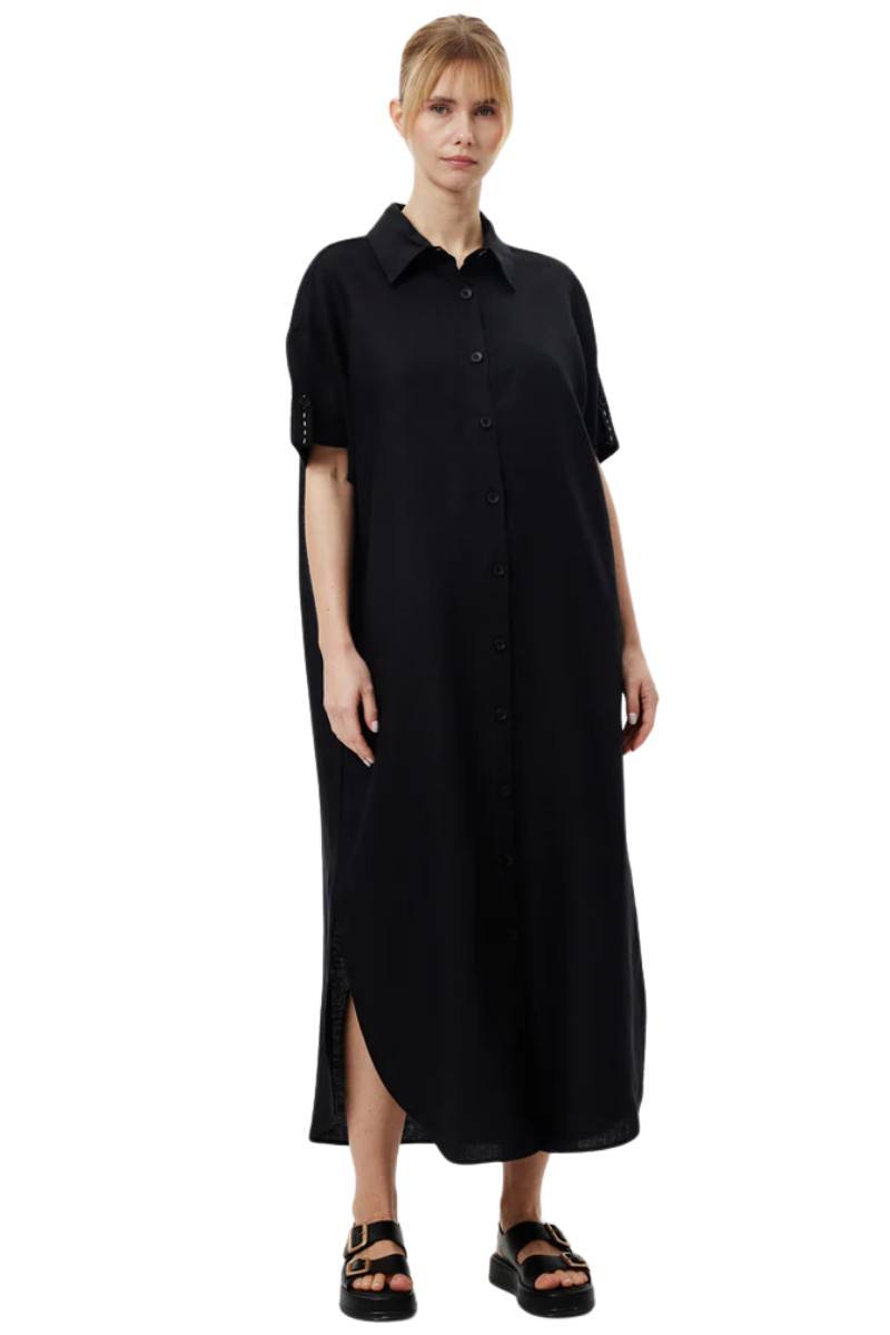 100% LINEN RELAXED SHIRT DRESS BLACK