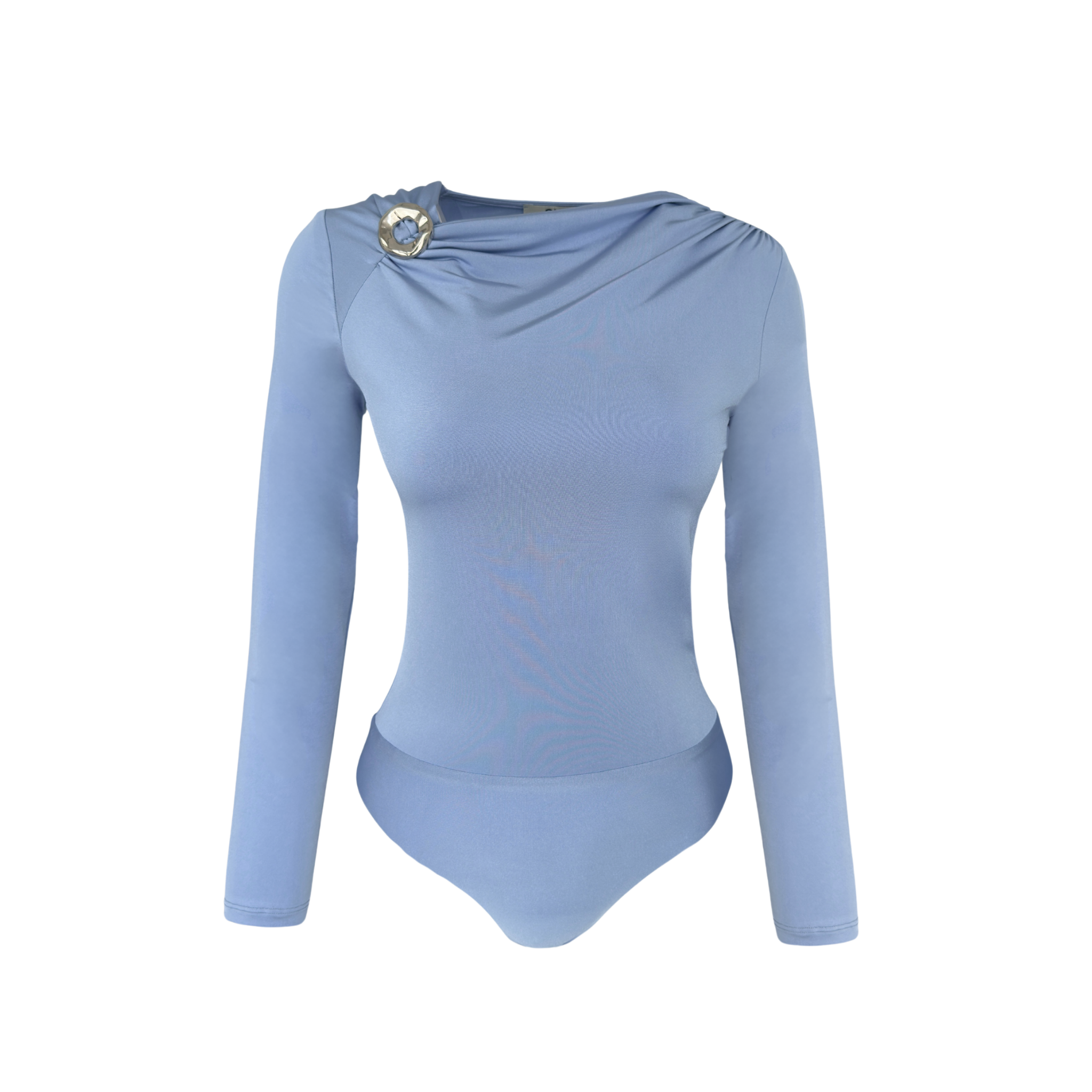 DRAPED BROOCH DETAIL BODYSUIT BLUE