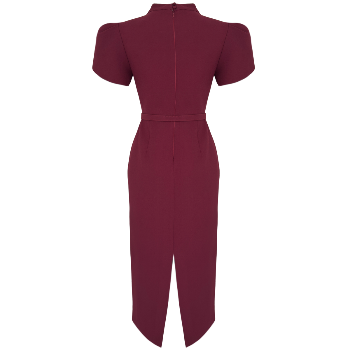 HIGH NECK BELT DETAIL PENCIL DRESS BURGUNDY