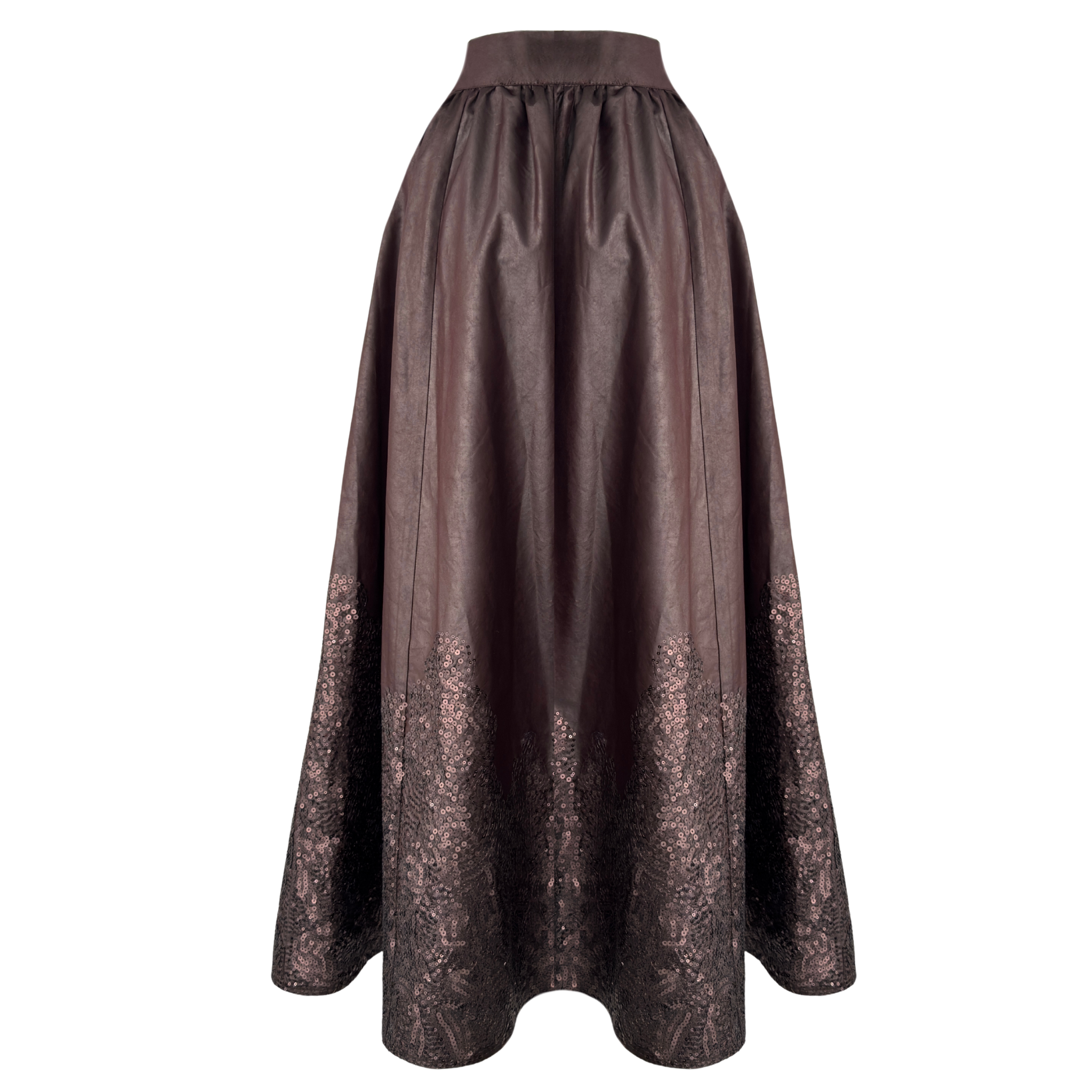 LEATHER LOOK SEQUIN EMBROIDERY DESIGN SKIRT CHOCOLATE BROWN