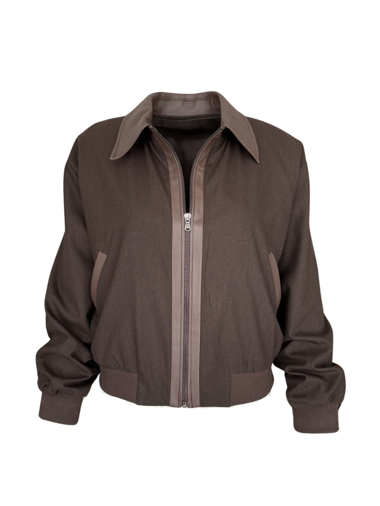 LEATHER-TRIMMED ZIPPED JACKET BROWN