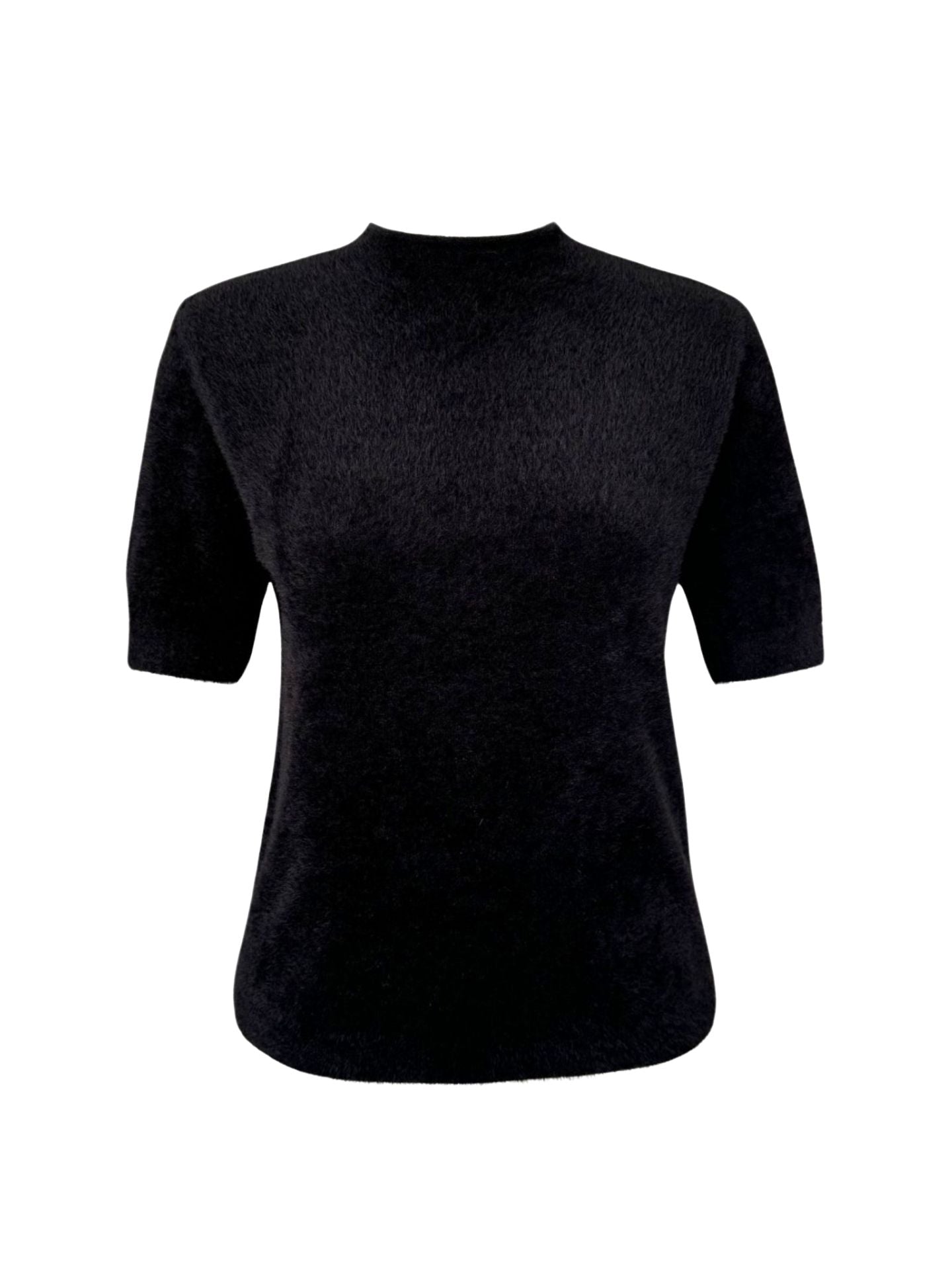 High Neck Short Sleeve Fluffy Knit Black - One Size
