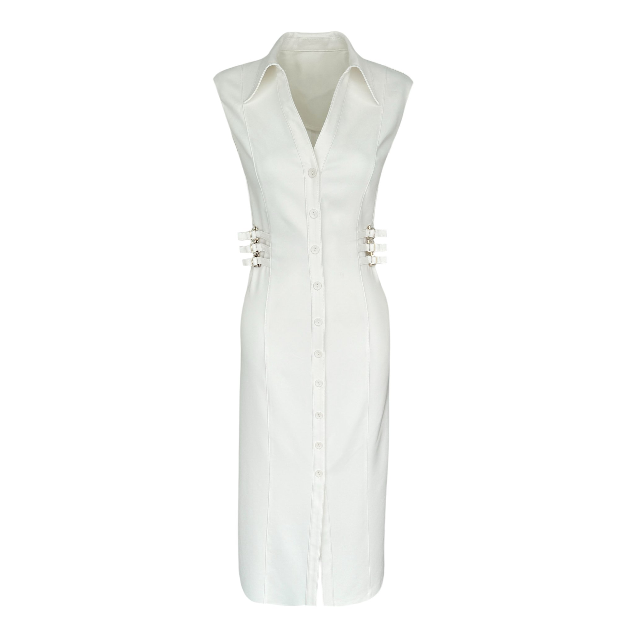 EMBELLISHED WAIST LYCRA-BLEND GABARDINE DRESS ECRU
