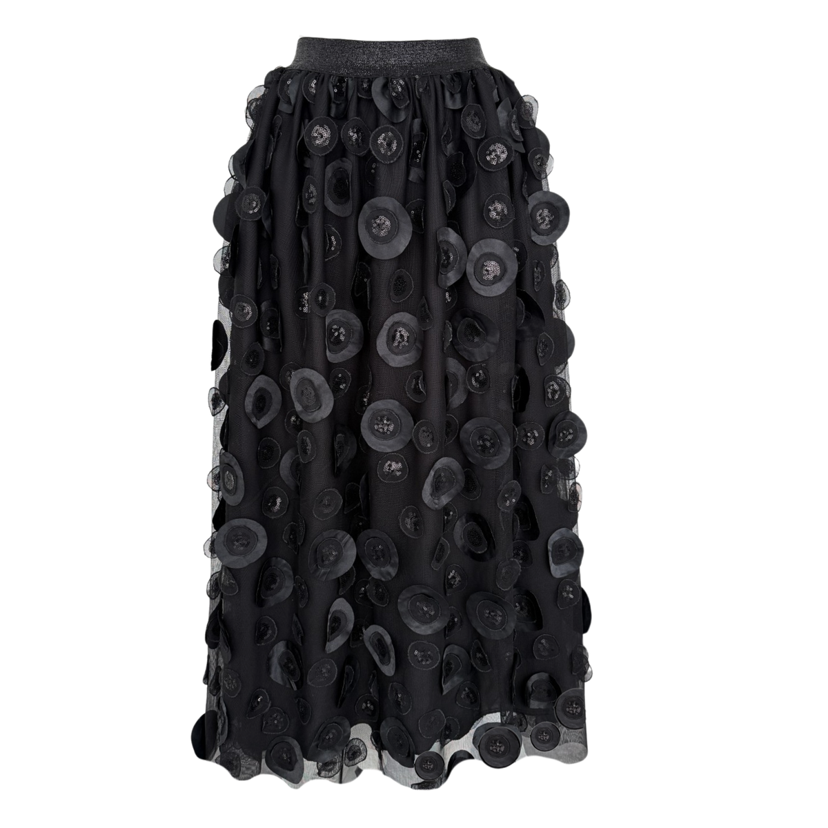 SEQUINED AND 3D APPLIQUÉD TULLE SKIRT BLACK
