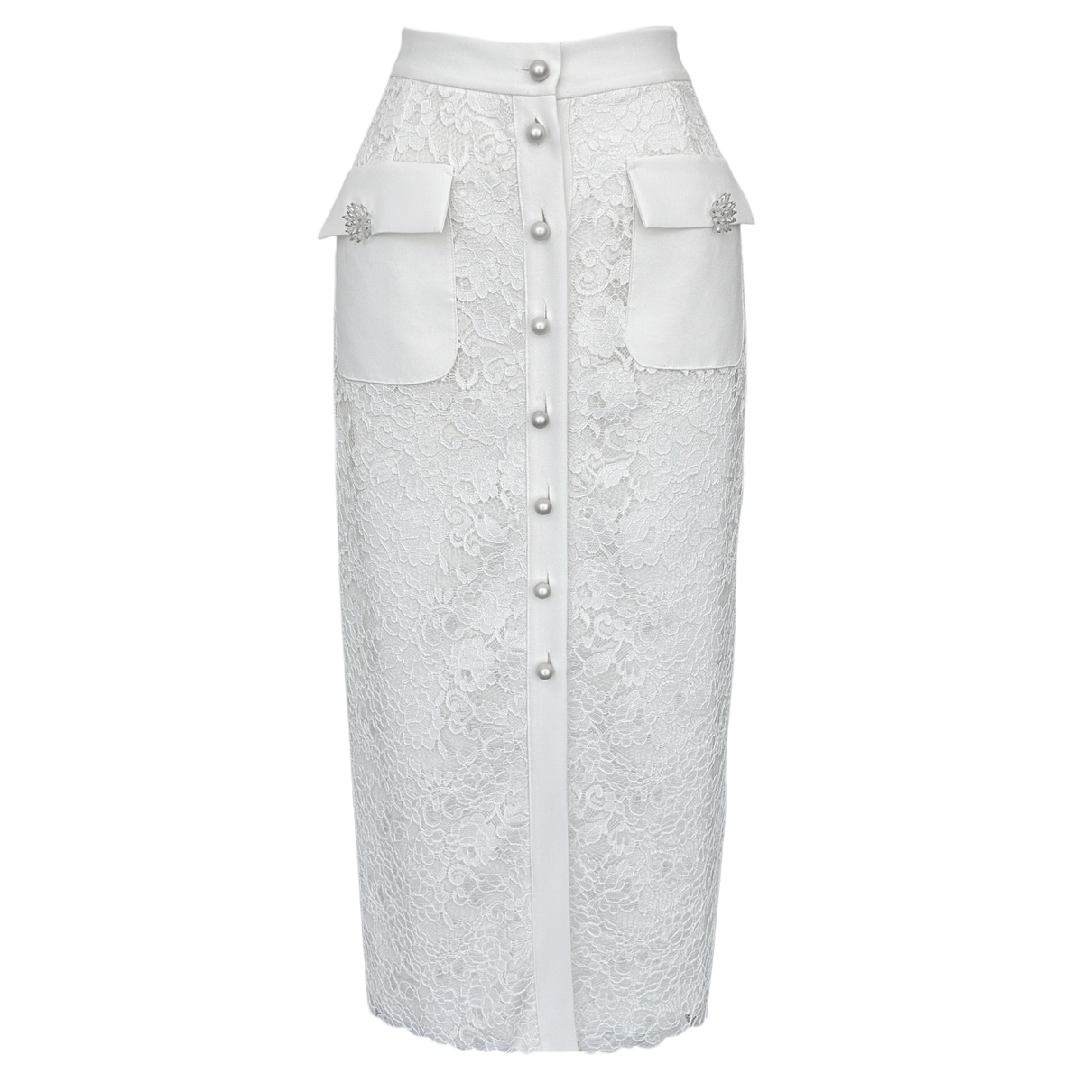 PEARL BUTTON-DETAILED GUIPURE SKIRT ECRU