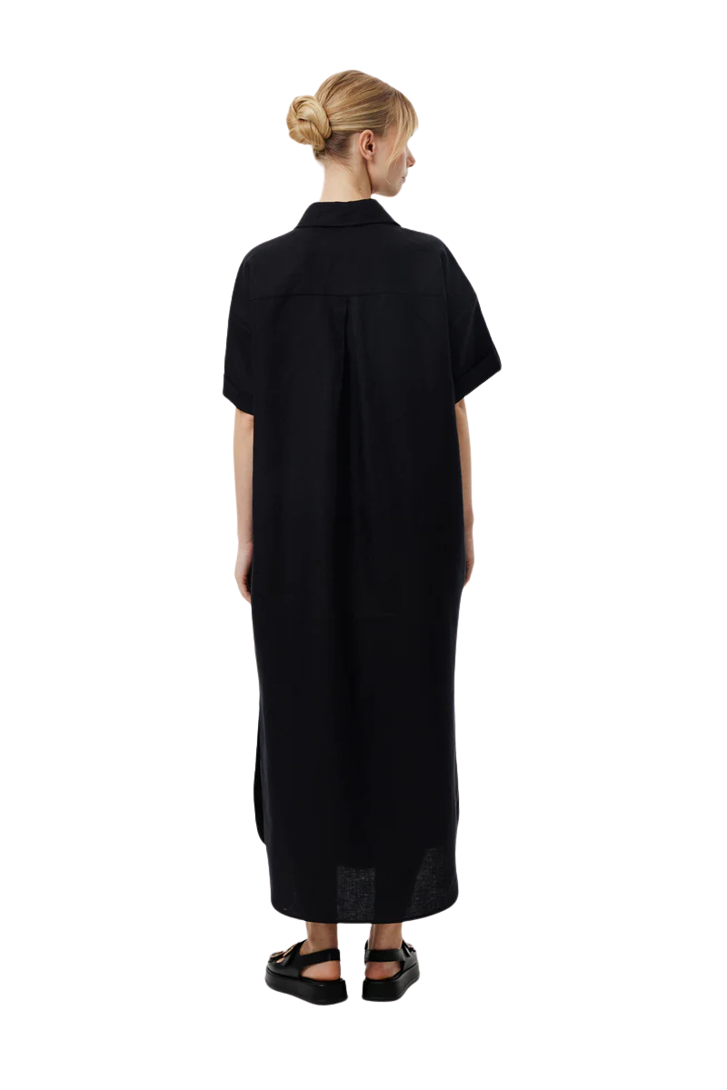 100% LINEN RELAXED SHIRT DRESS BLACK