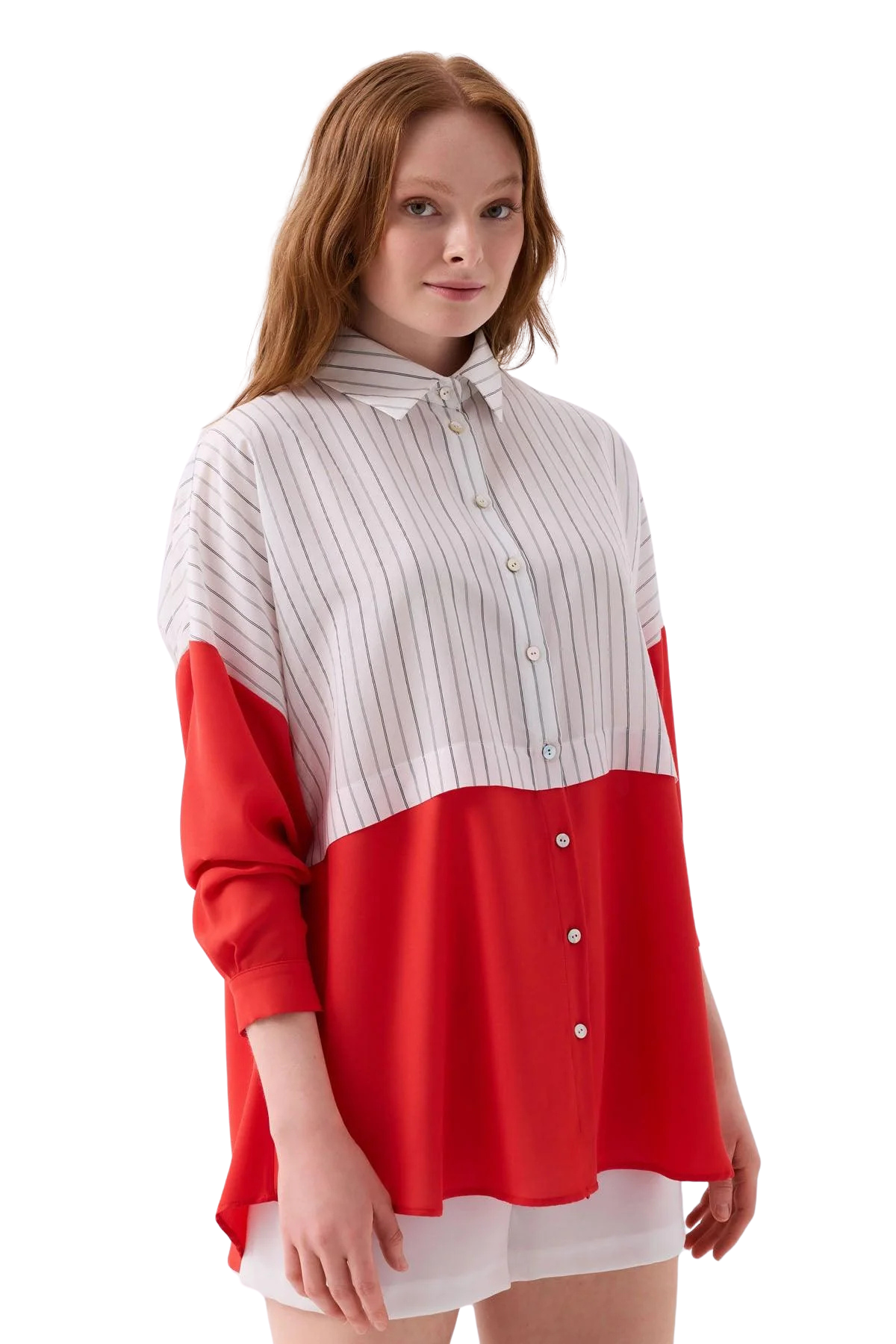 RED WHITE STRIPED FABRIC BLEND SHIRT