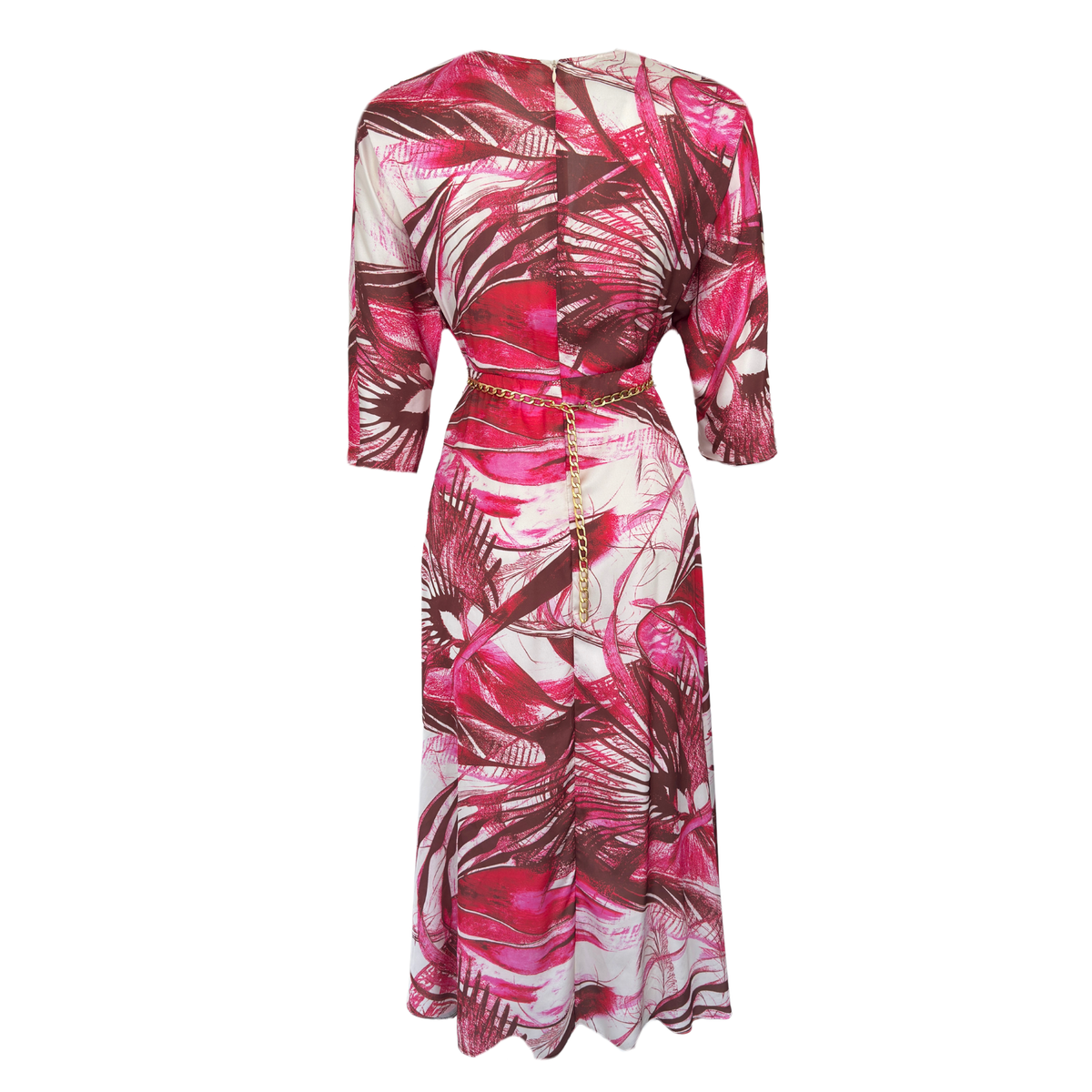 CHAIN EMBELLISHED WAIST WRAP NECK SATIN DRESS PINK