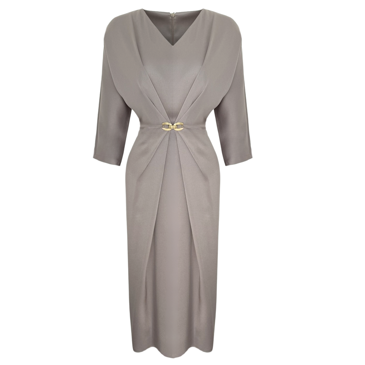ACCESSORY WAIST DETAILED V-NECK SATIN DRESS GREY