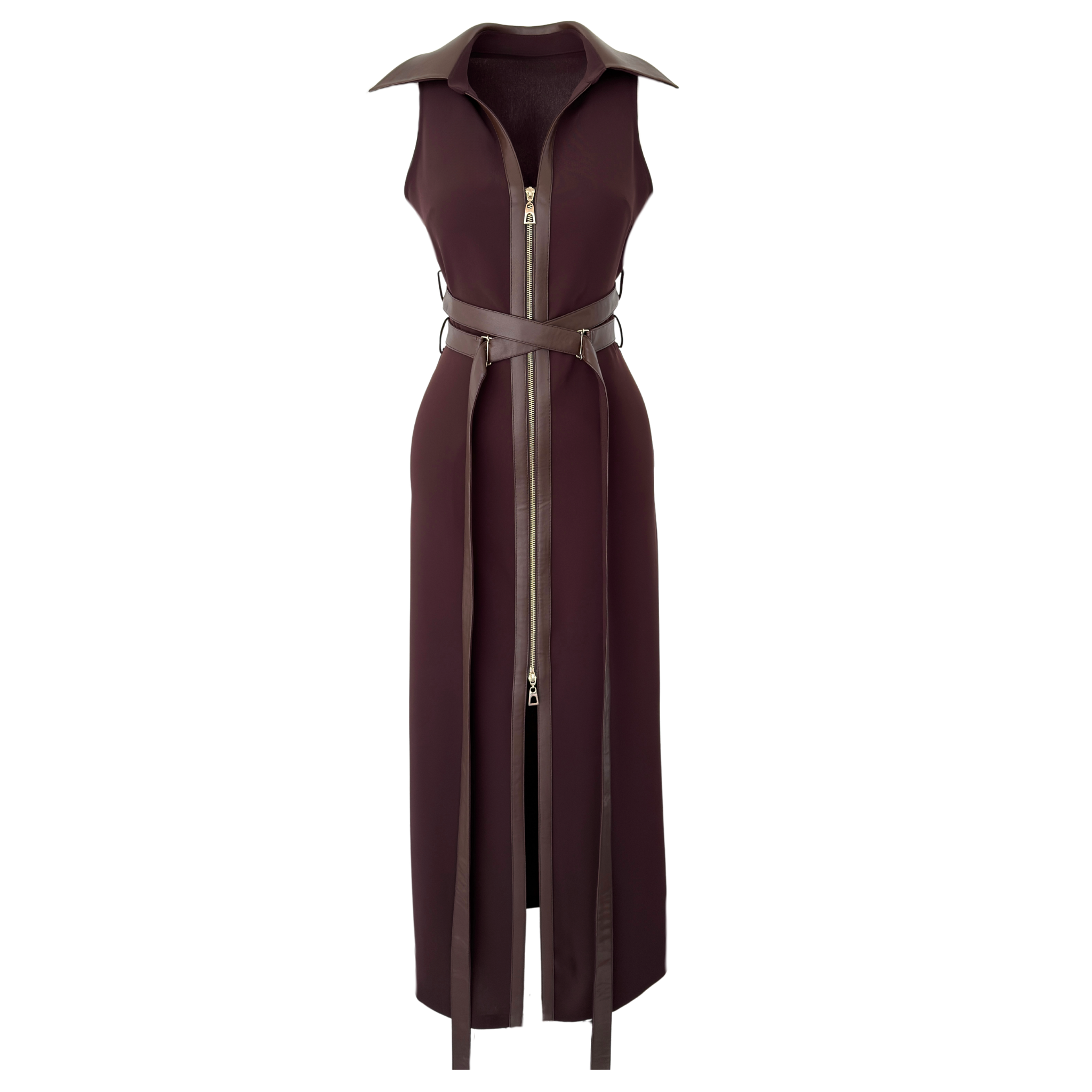 LEATHER BELT DETAIL ZIPPED MAXI DRESS BROWN