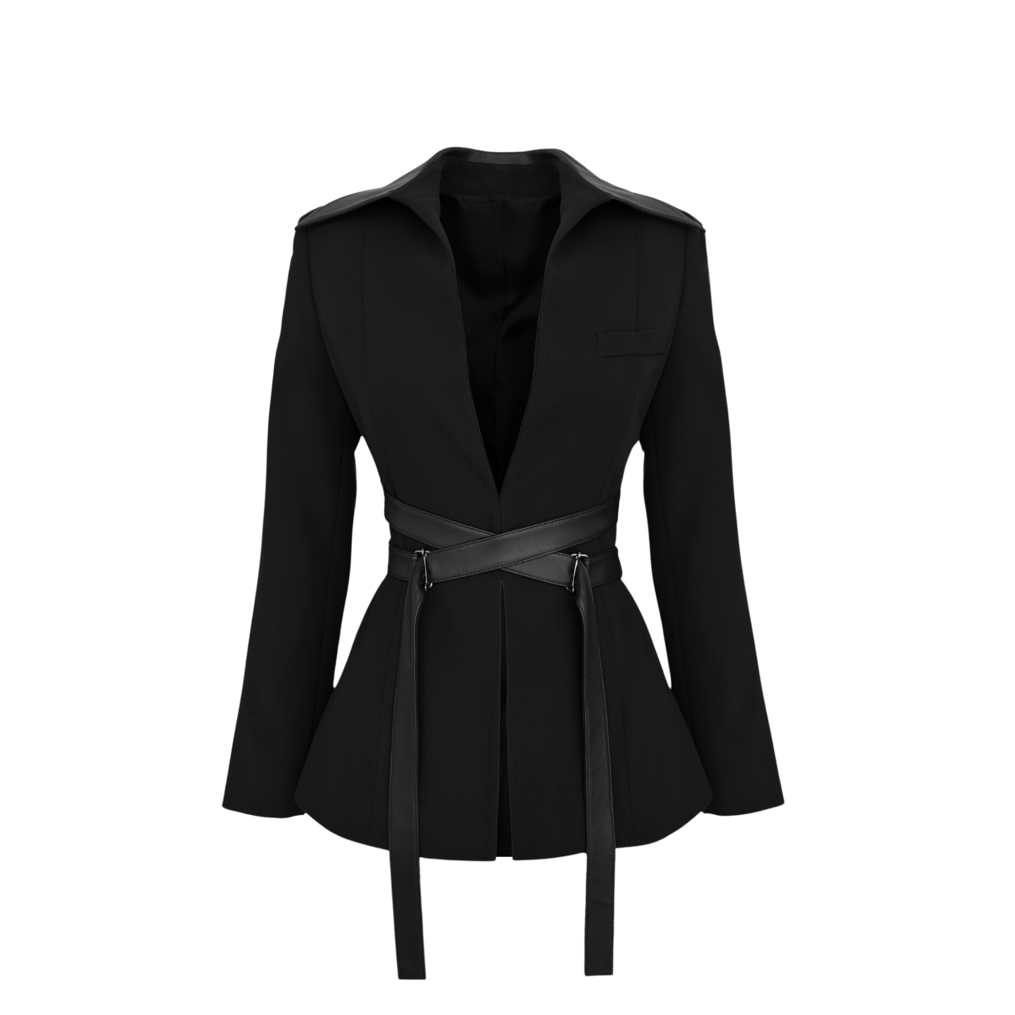 LEATHER COLLAR AND BELTED JACKET BLACK