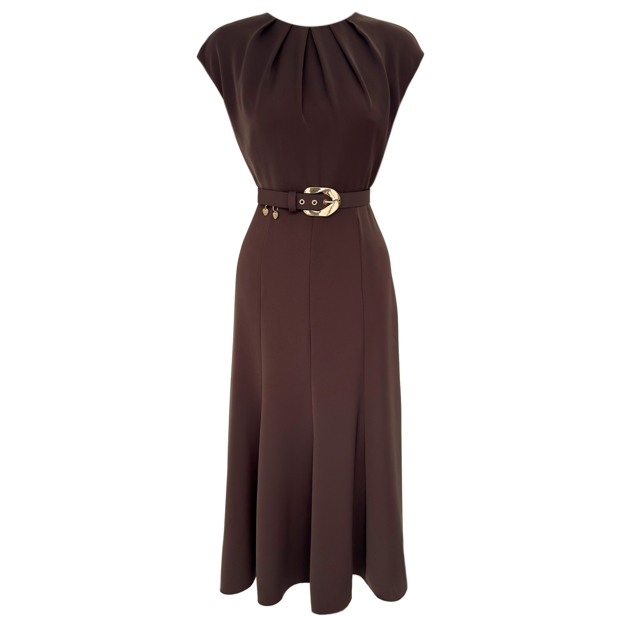 PLEAT COLLAR DETAIL BELTED DRESS BROWN