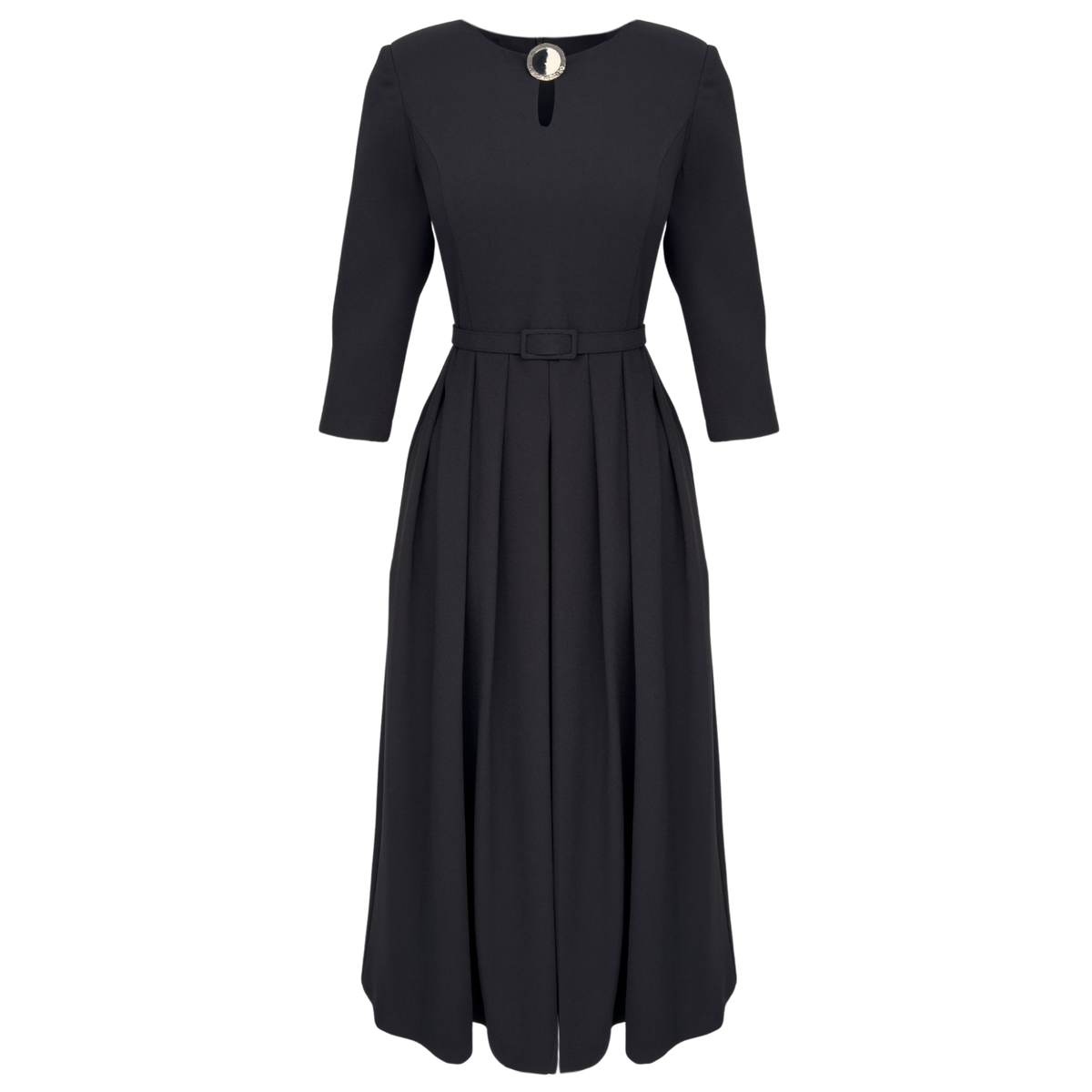 BROOCH COLLAR DETAILED PLEATED DRESS BLACK