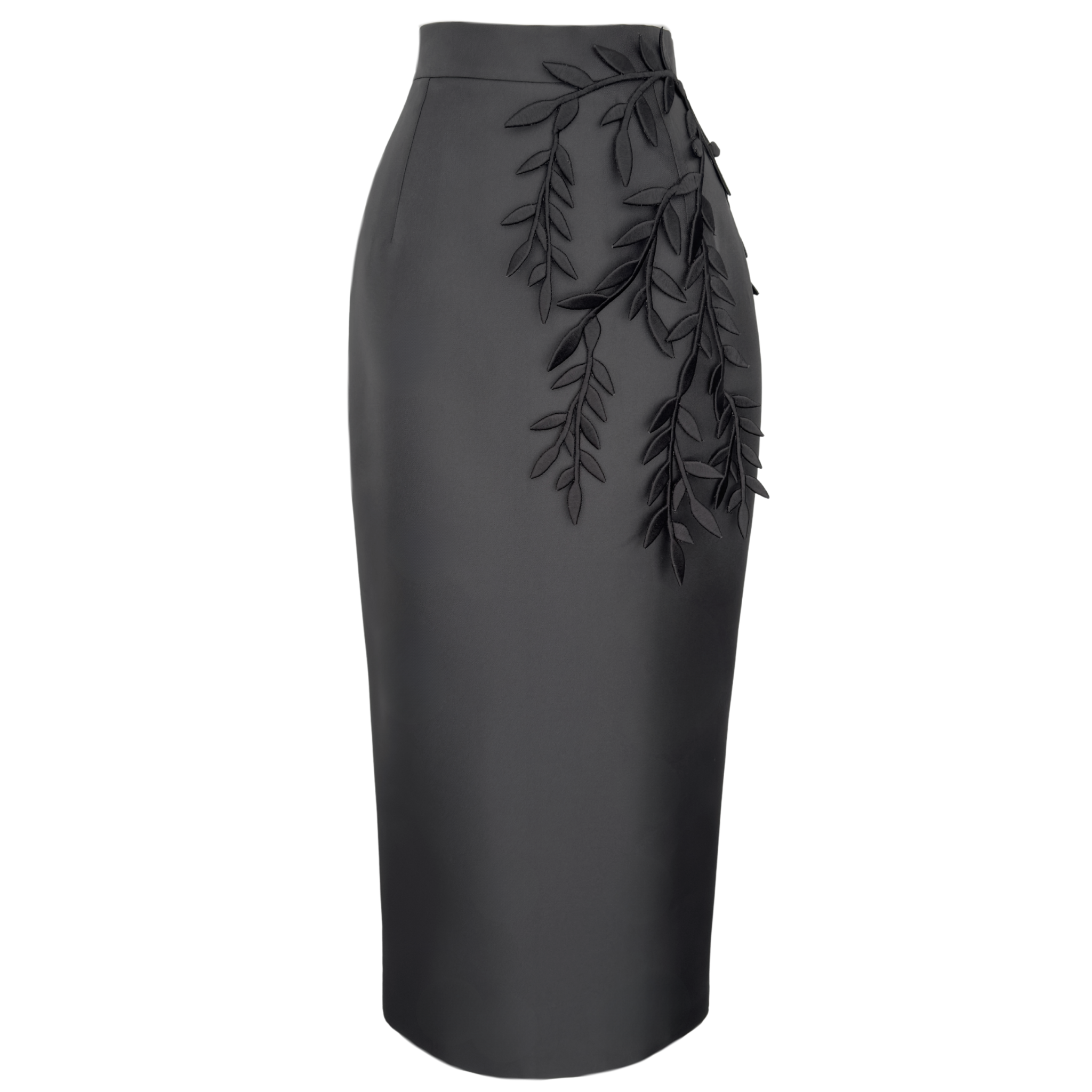تنورة قلم رصاص من التافتا بتفاصيل ورق الحناء - أسود