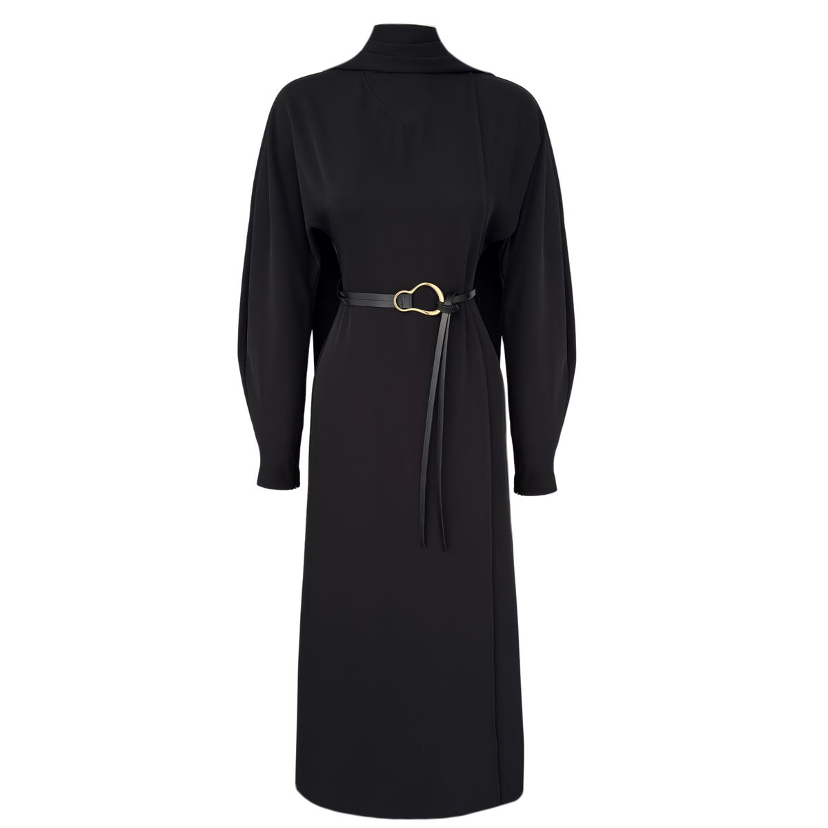 AT THE NECK SHAWL DETAIL BELTED MAXI WAIST LENGTH DRESS BLACK