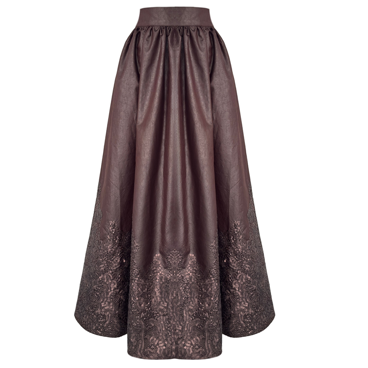 LEATHER LOOK SEQUIN EMBROIDERY DESIGN SKIRT CHOCOLATE BROWN