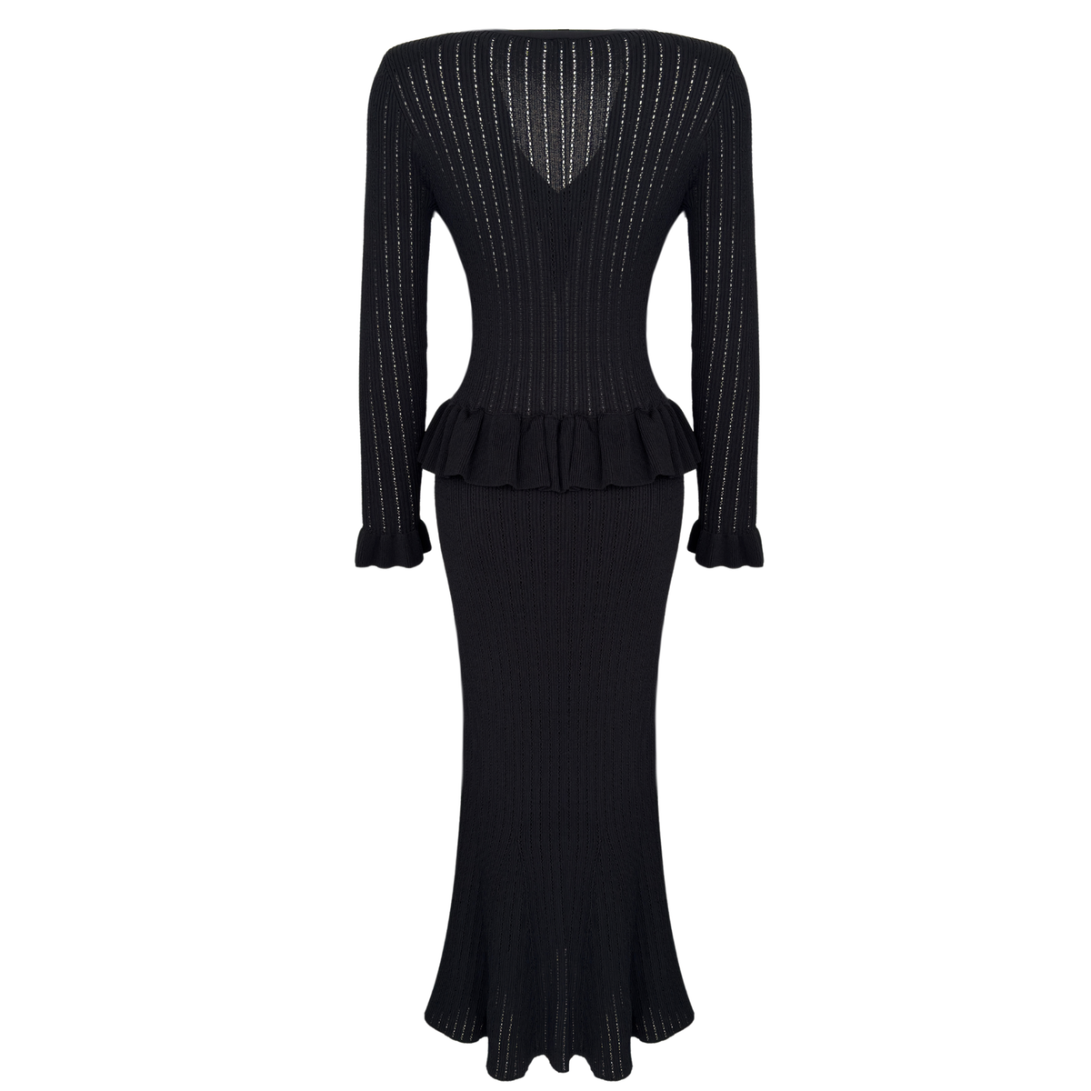 STONE BUTTON DETAIL RUFFLED MERCERISED KNIT DRESS BLACK