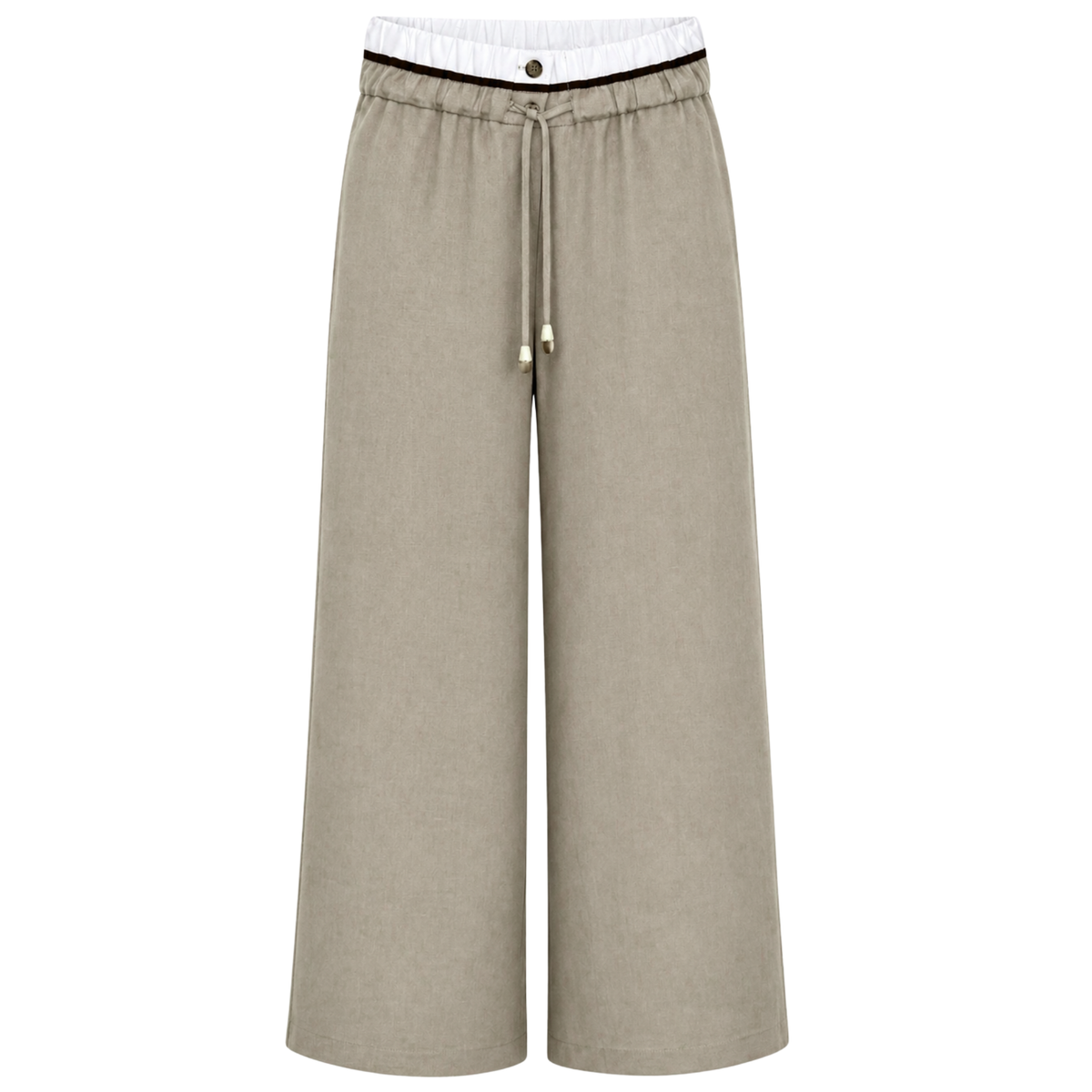WAIST DETAIL WIDE LEG 100% LINEN TROUSERS KHAKI