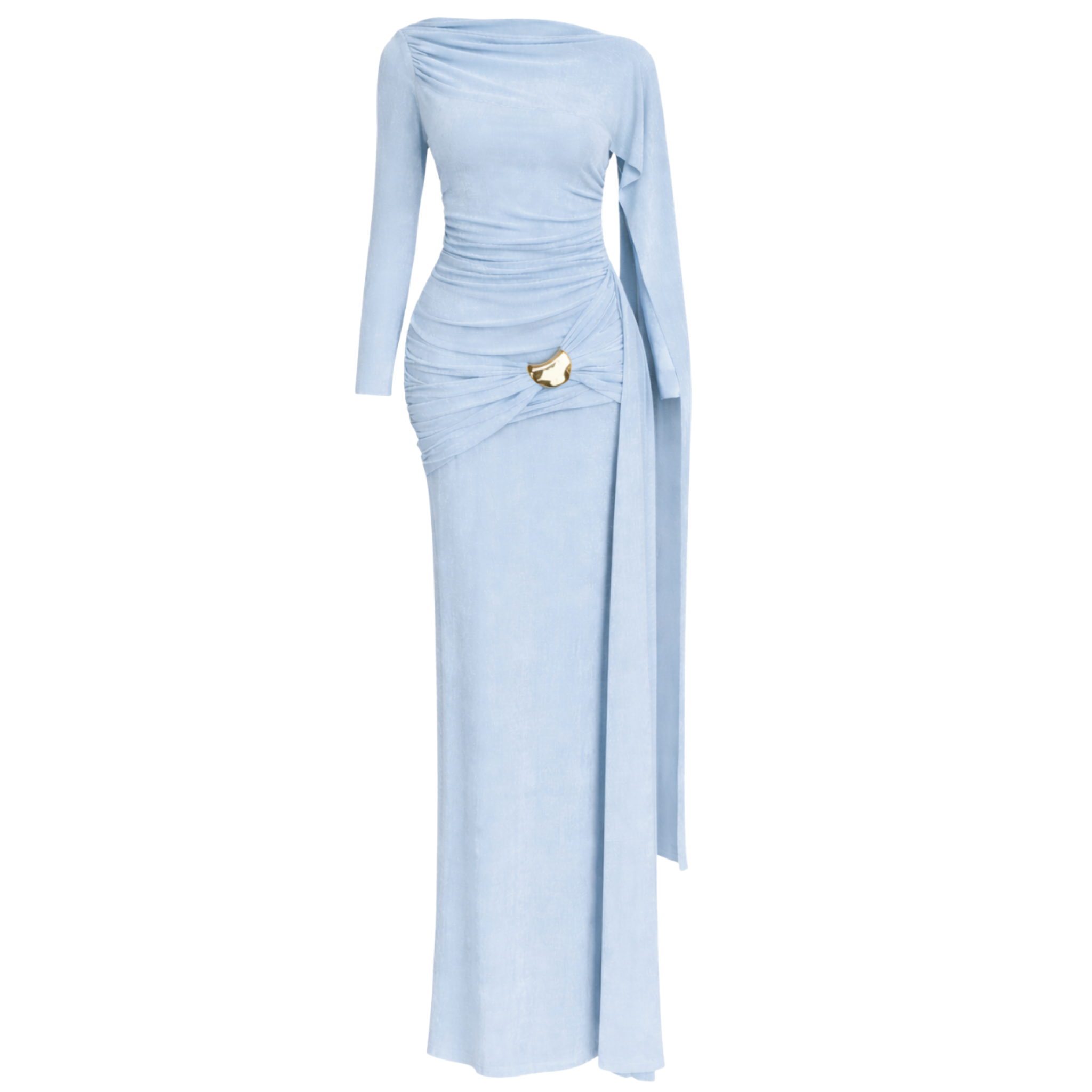 EMBELLISHED WAIST SHAWL SHOULDER DETAIL MAXI LENGTH DRESS BLUE