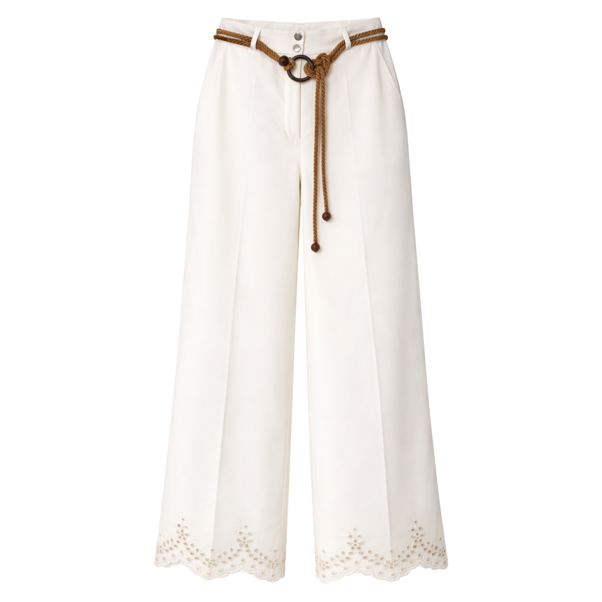 BELTED EMBROIDERY LEG DETAIL COTTON TROUSERS ECRU