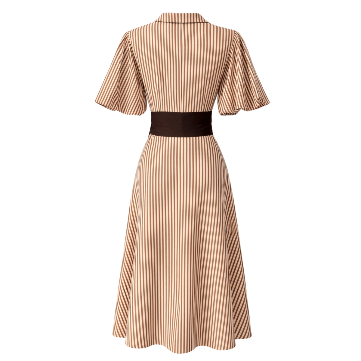 WAIST SASH DETAIL STRIPED COTTON DRESS BROWN