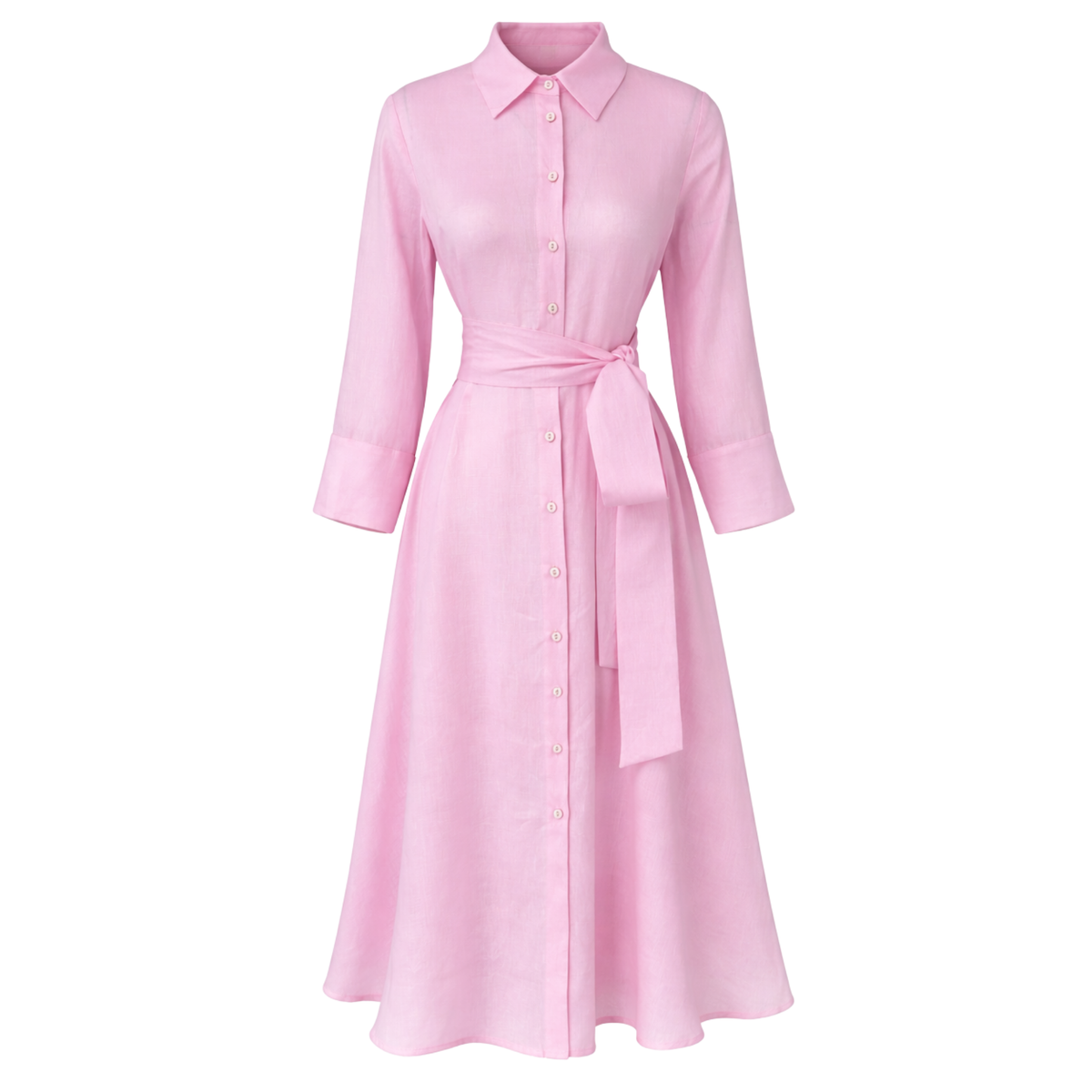 BELTED WAIST 100% LINEN SHIRT DRESS PINK