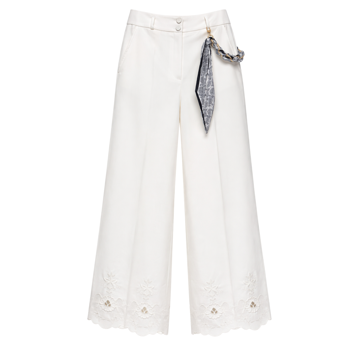 EMBELLISHED WAIST EMBROIDERY LEG DETAIL COTTON TROUSERS