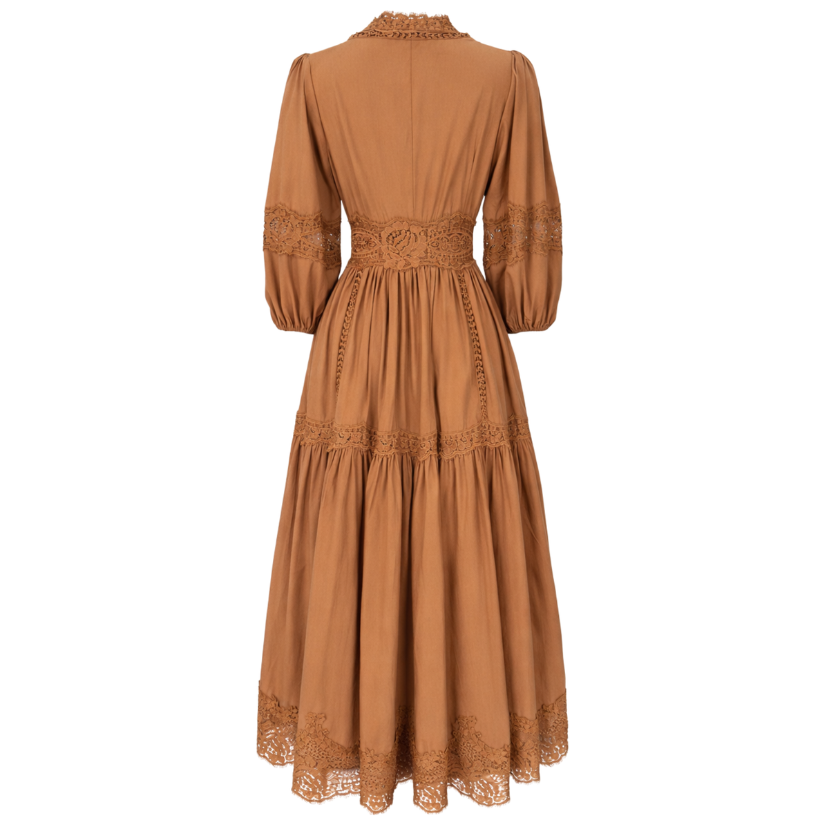 FITTED AT THE WAIST GUIPURE DETAIL DRESS CARAMEL