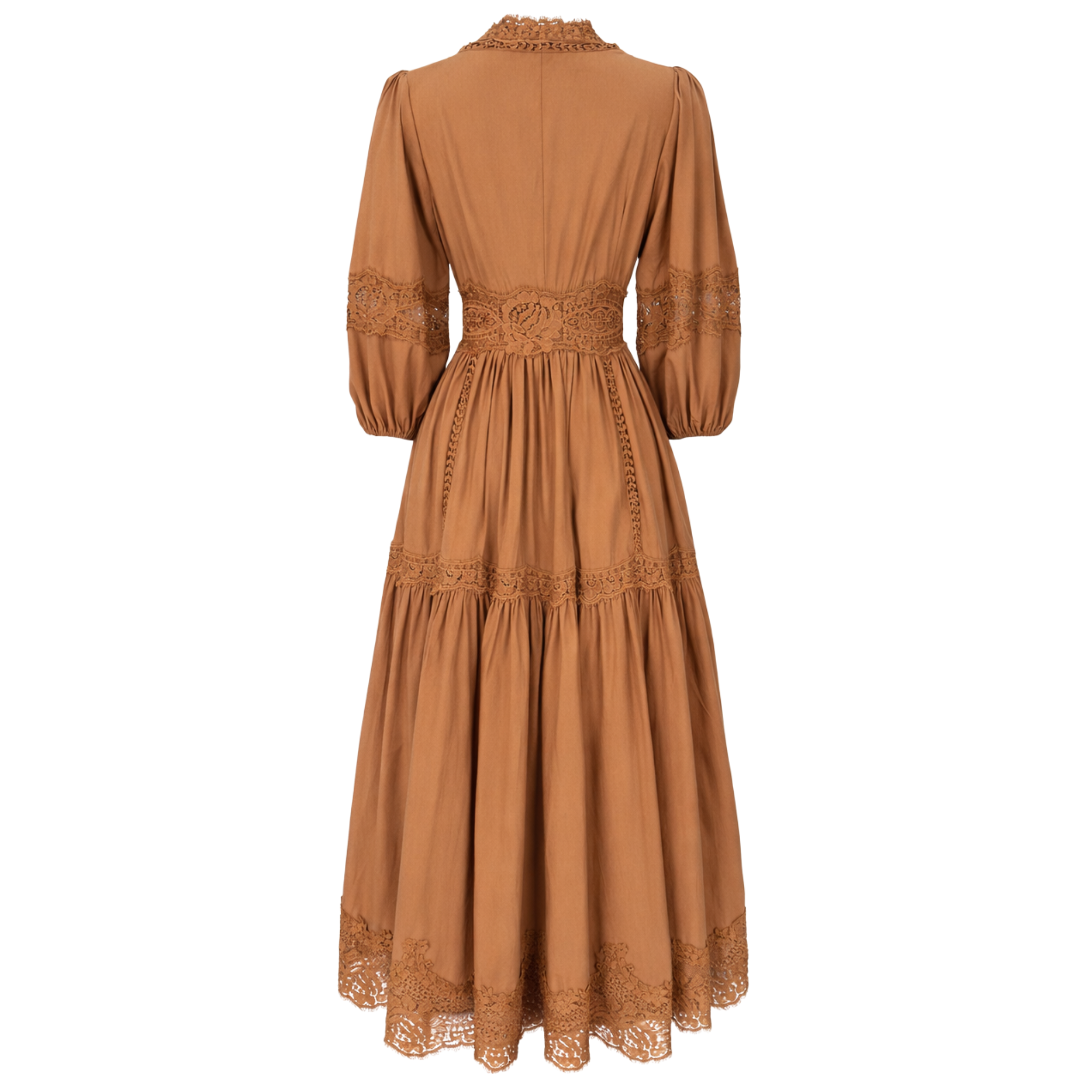 FITTED AT THE WAIST GUIPURE DETAIL DRESS CARAMEL