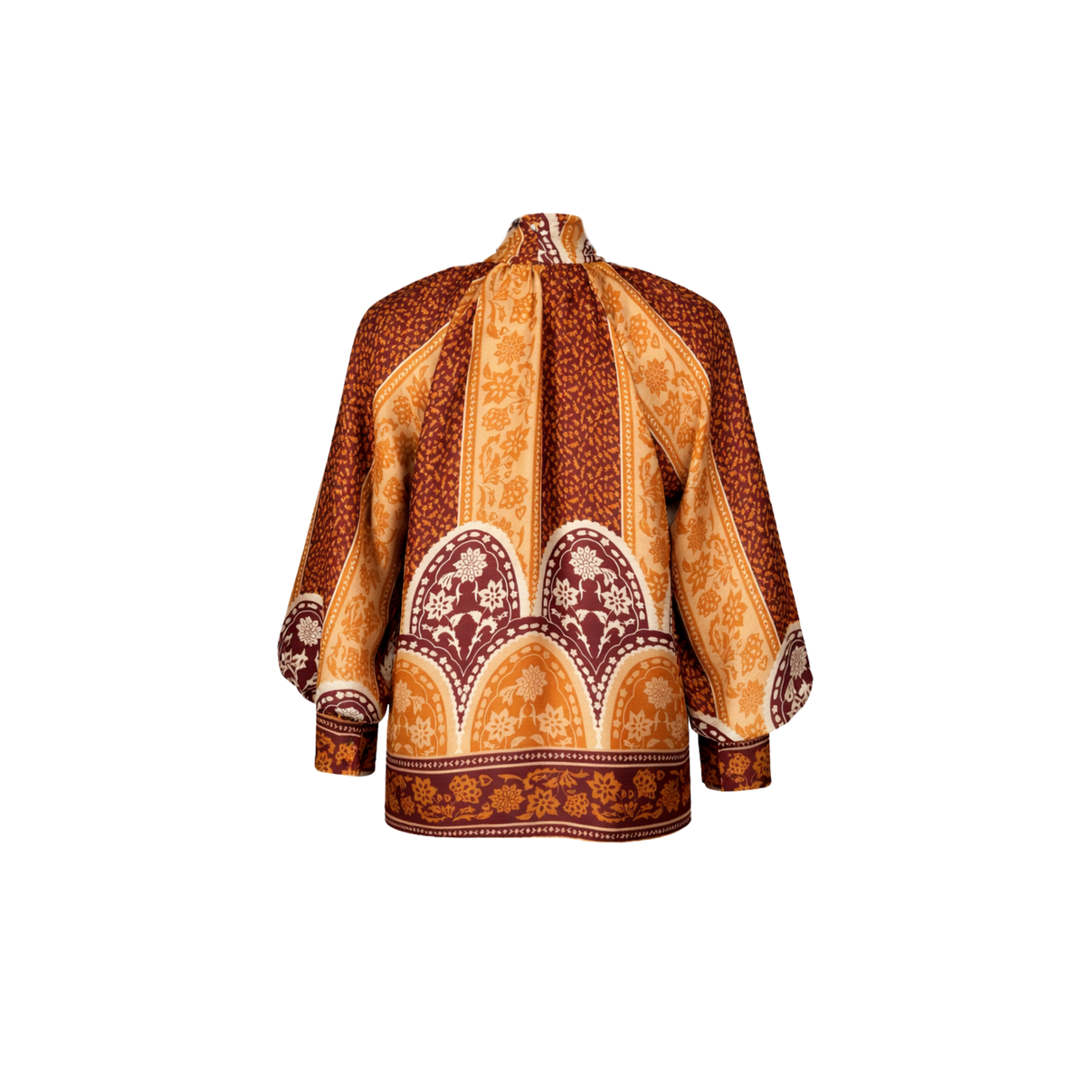 AT THE NECK TIE-FASTENING PUFF SLEEVE PATTERNED BLOUSE