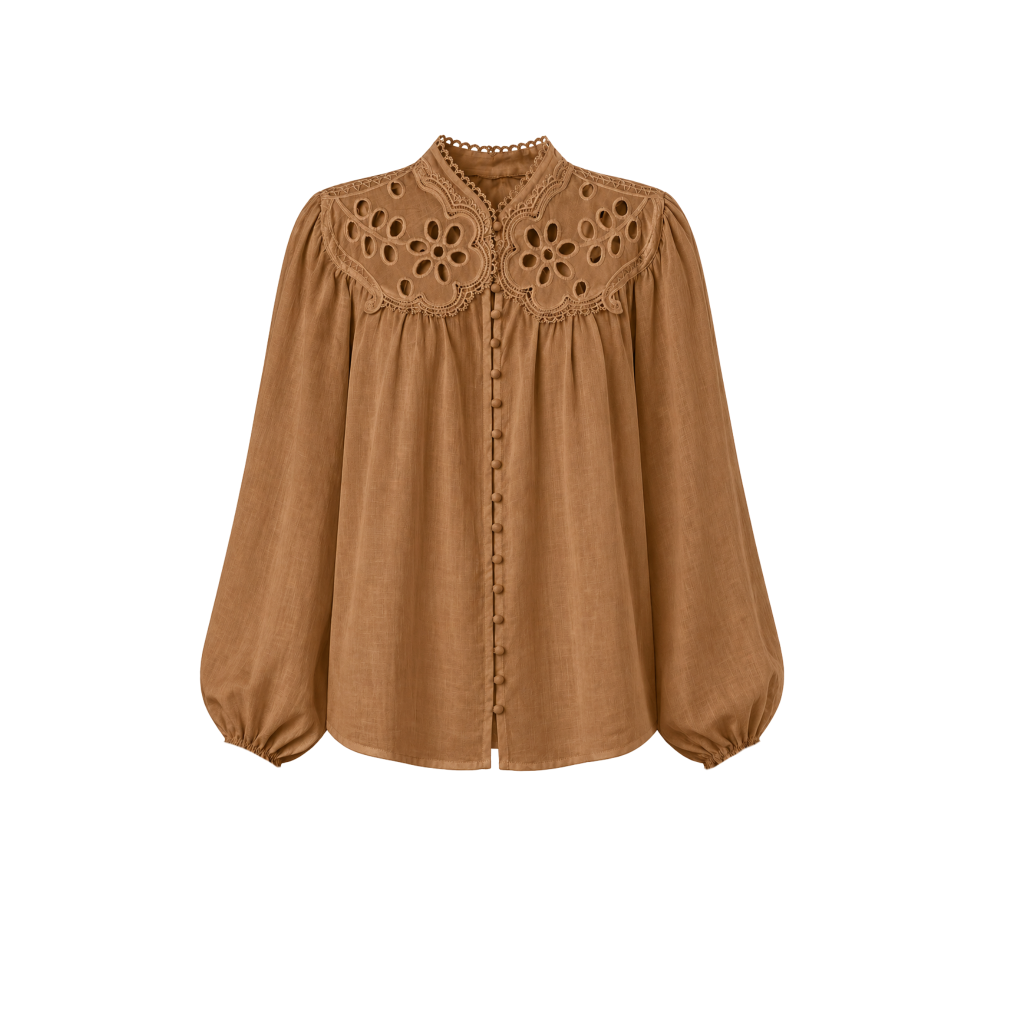 BRODERIE DETAIL PUFF SLEEVE BLOUSE CARAMEL
