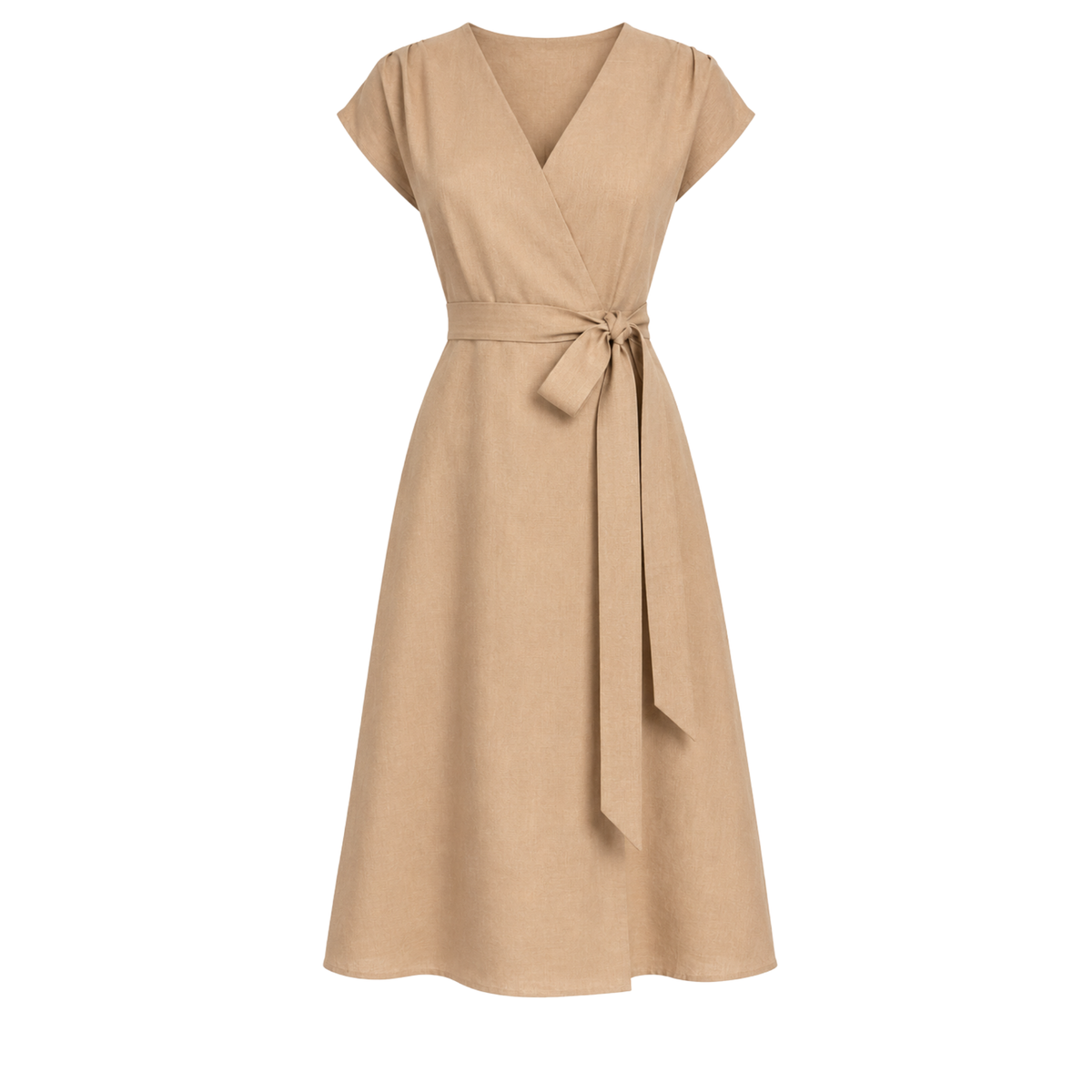 100% LINEN WRAP NECK DRESS CAMEL