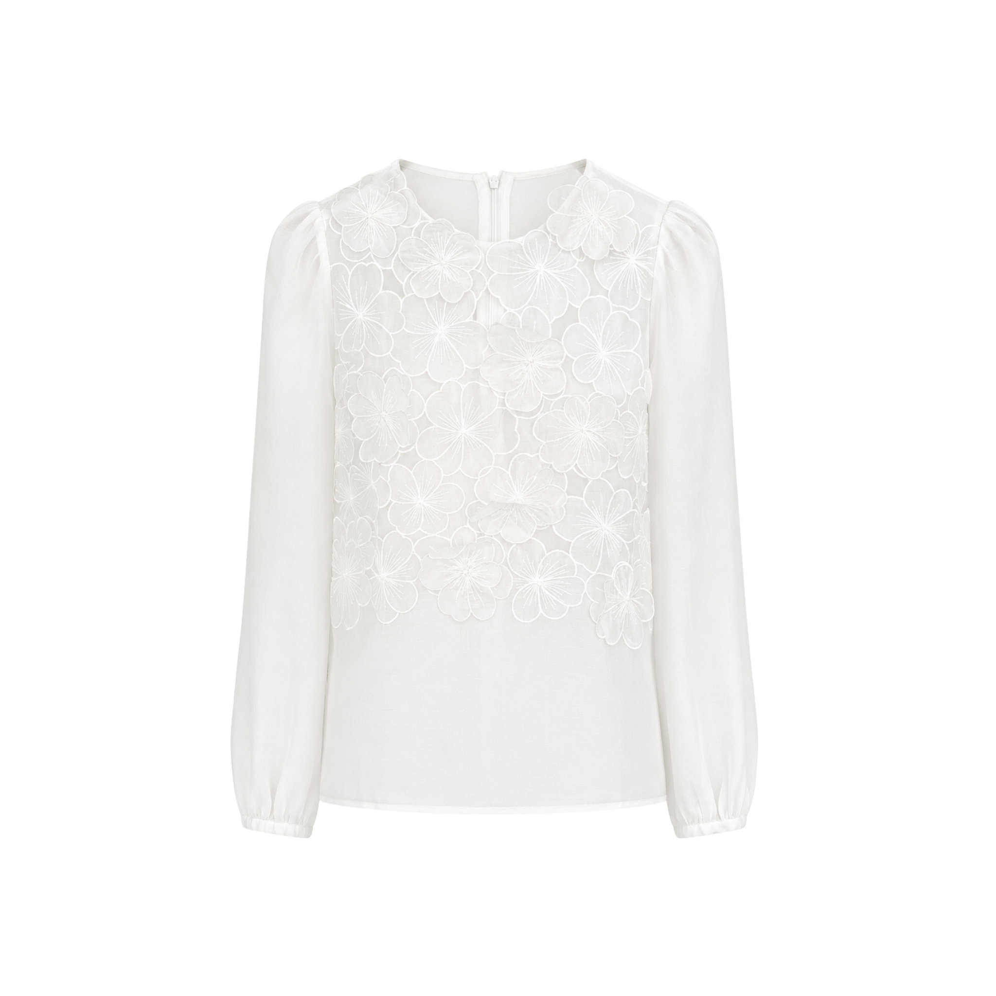 FLORAL APPLIQUÉ SEMI-SHEER BLOUSE WHITE