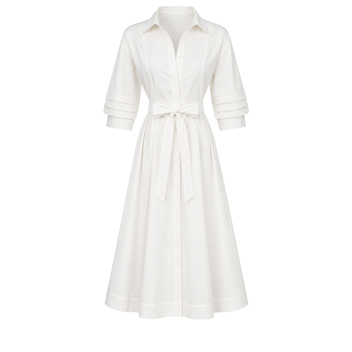 TIER SLEEVES DETAIL MIDI LENGTH COTTON DRESS WHITE