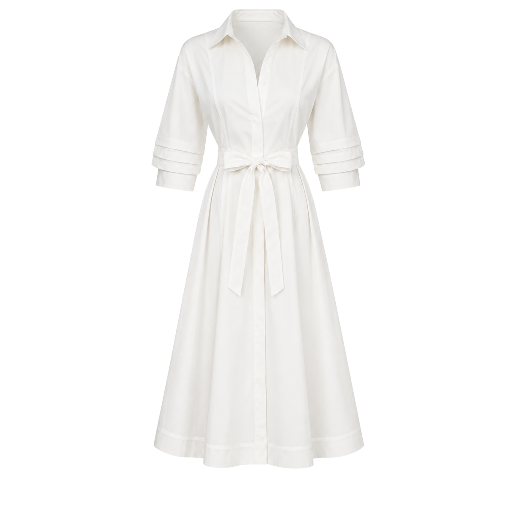 TIER SLEEVES DETAIL MIDI LENGTH COTTON DRESS WHITE