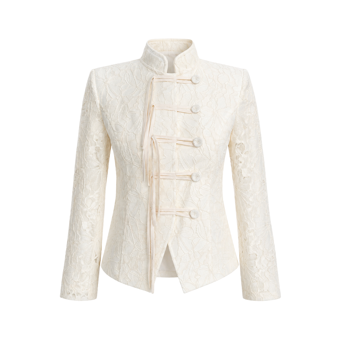 LACE HIGH NECK BUTTON DETAIL JACKET ECRU