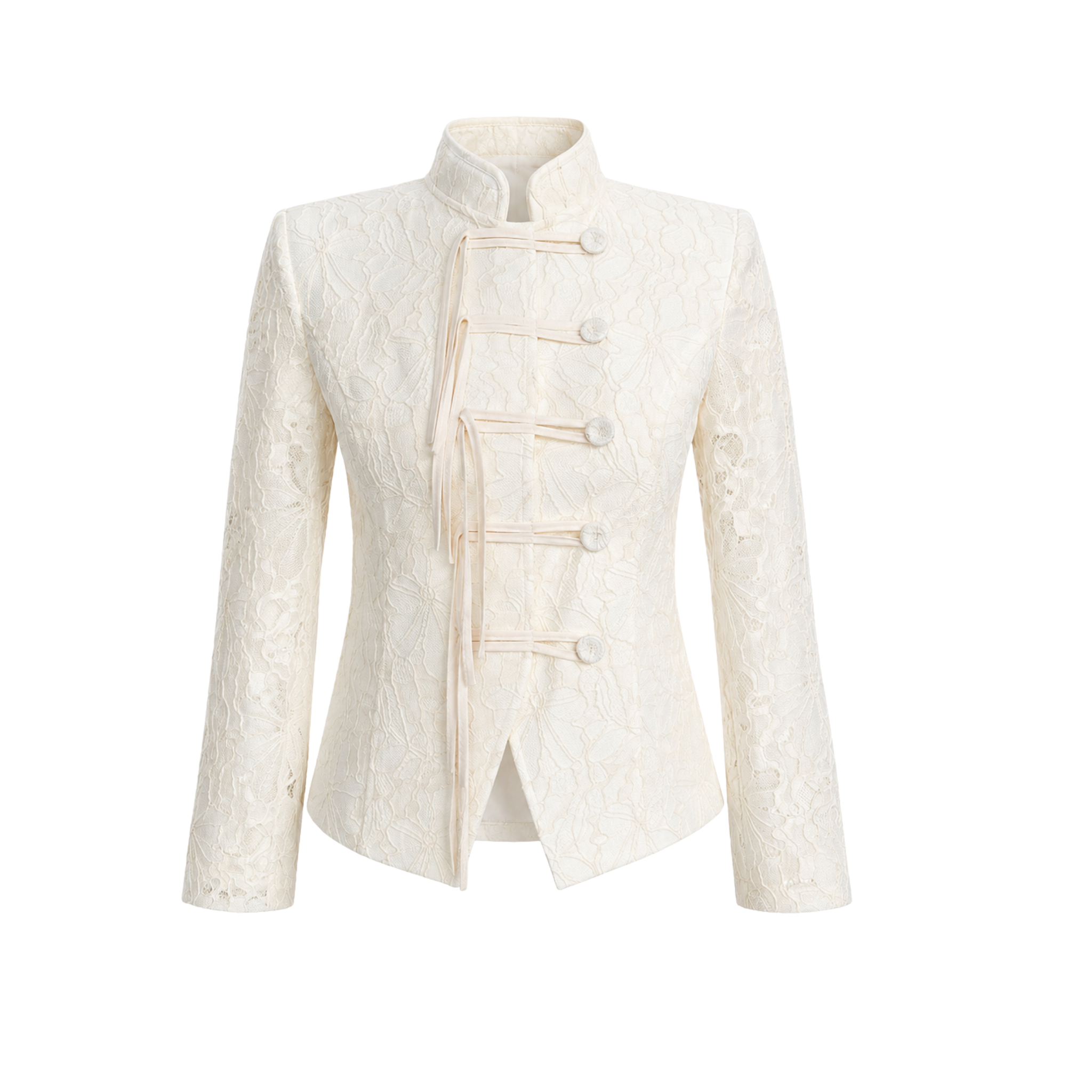 LACE HIGH NECK BUTTON DETAIL JACKET ECRU