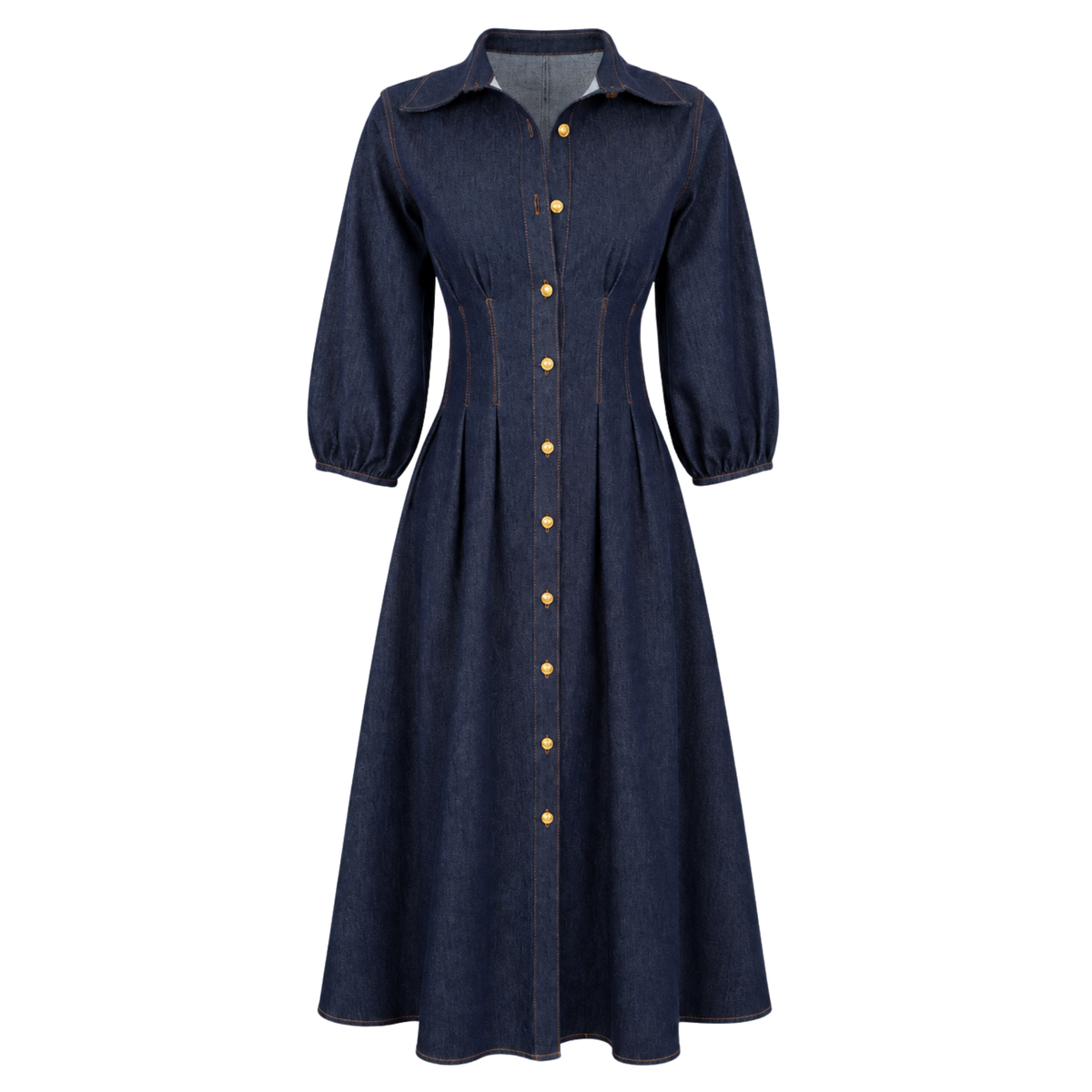 GOLD BUTTONS THREE-QUARTER SLEEVE DENIM DRESS INDIGO