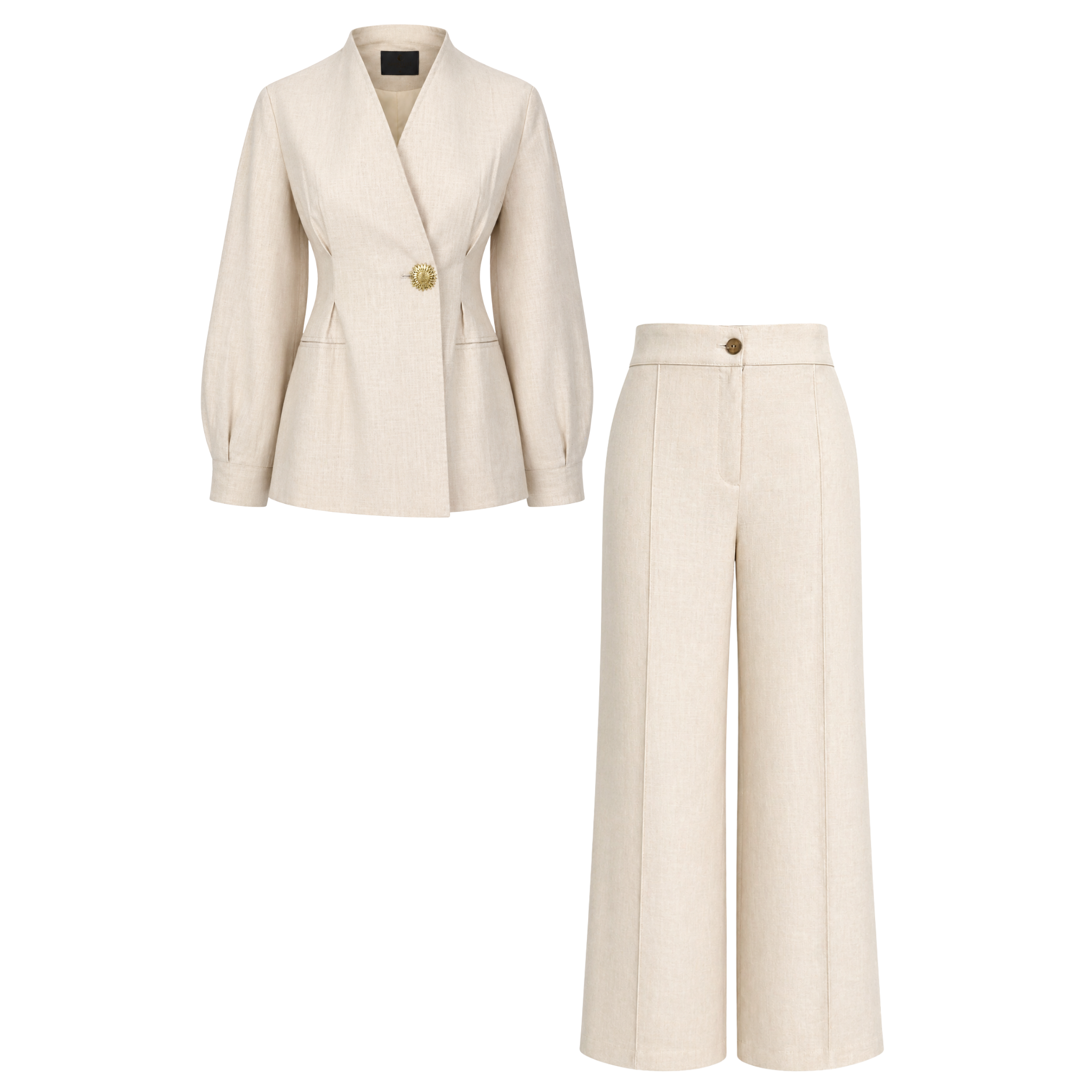 HIGH NECK WAIST-DEFINING LINEN SET STONE