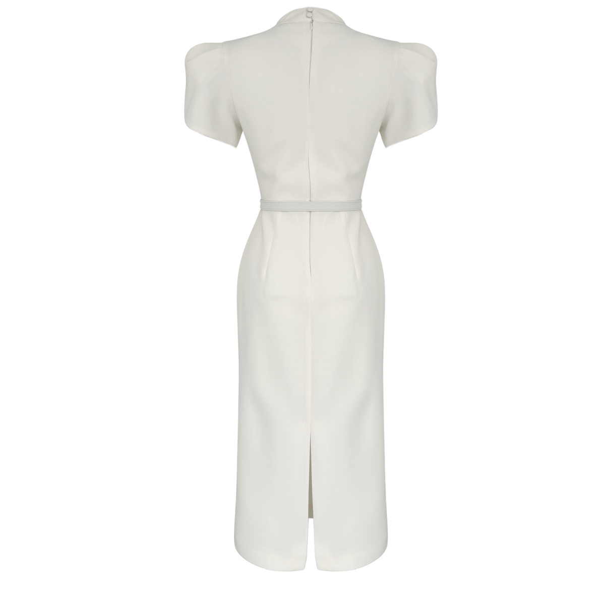 HIGH NECK BELT DETAIL PENCIL DRESS ECRU